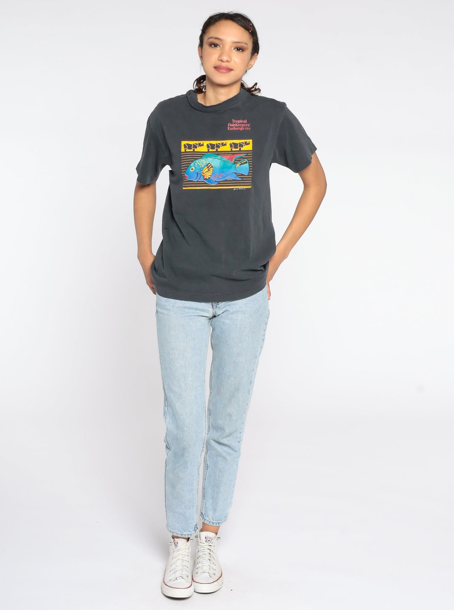 90s Tropical Fishkeepers Exchange Graphic T-Shirt Faded Black Cotton Small