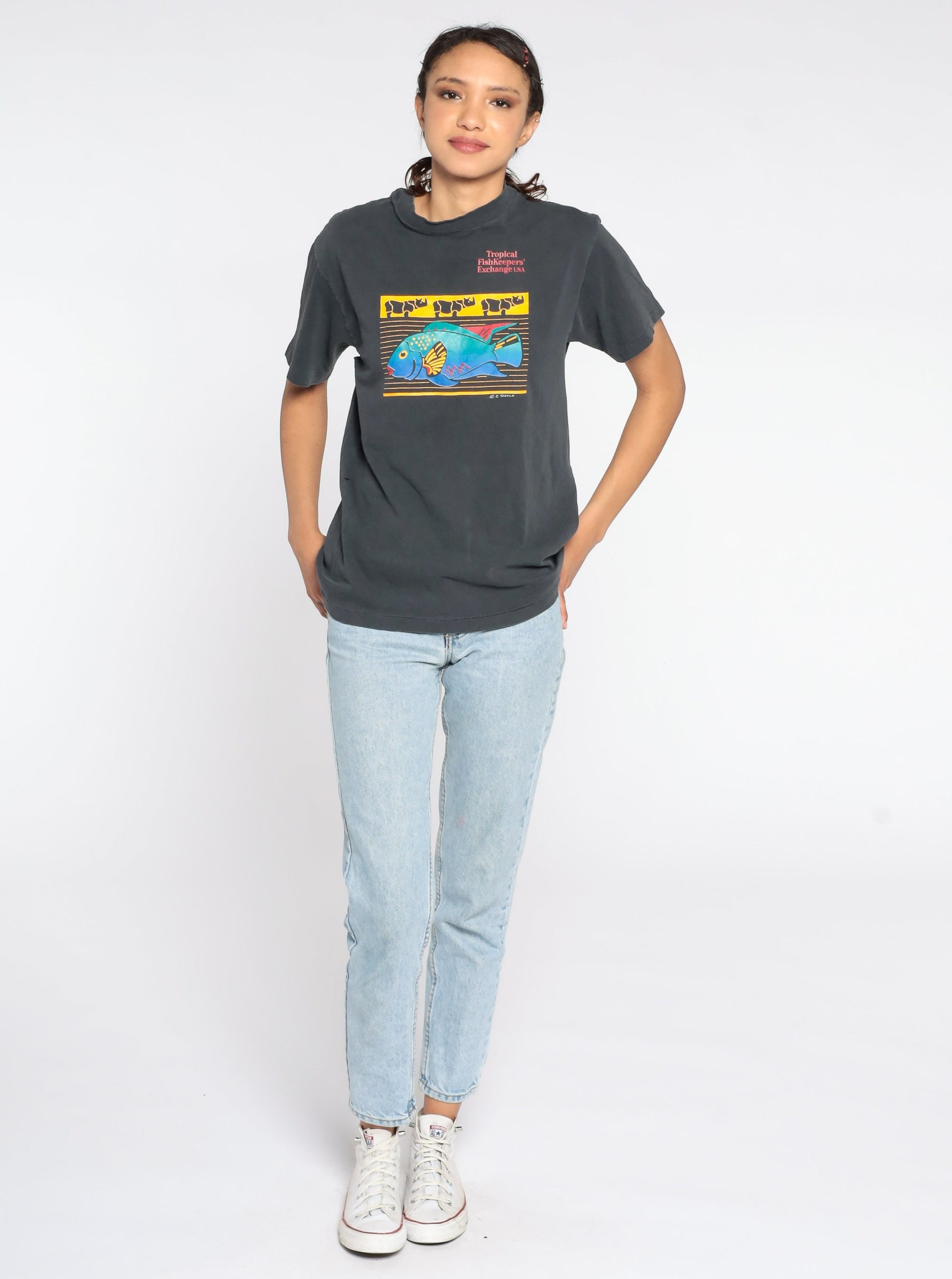 90s Tropical Fishkeepers Exchange Graphic T-Shirt Faded Black Cotton Small