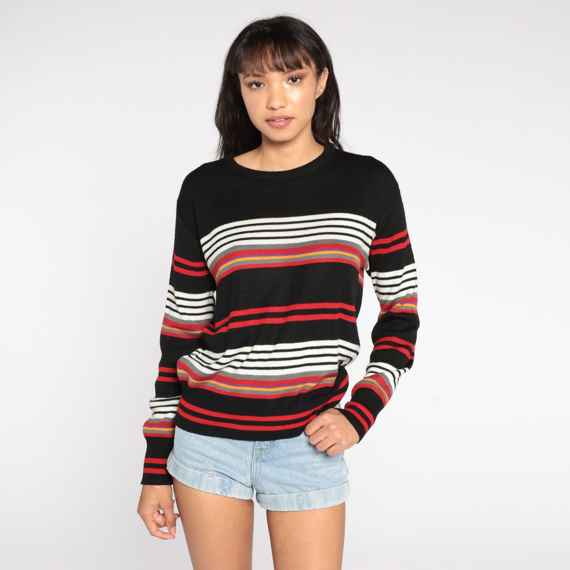 80s Black Striped Knit Sweater Crewneck Pullover Large
