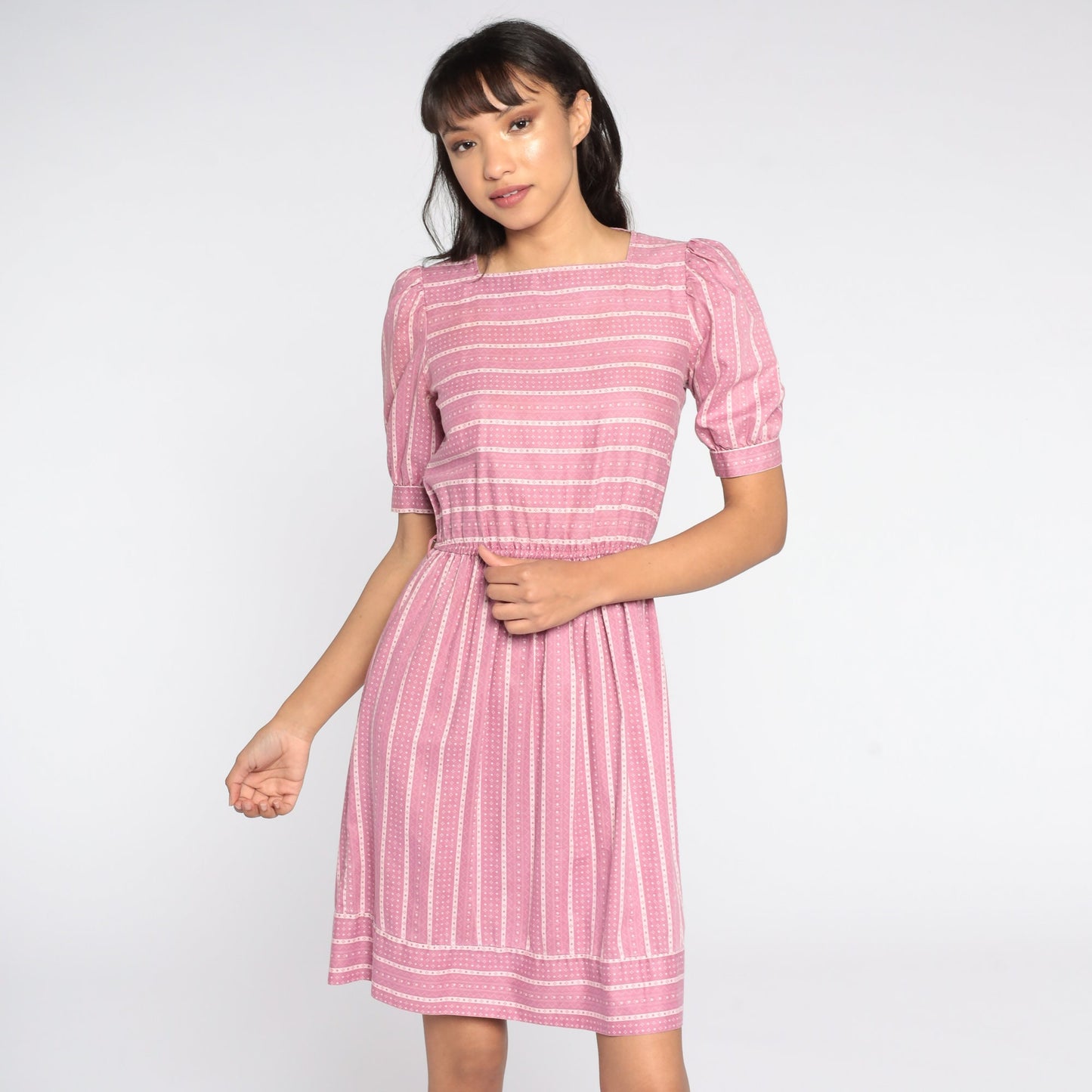 80s Pink Striped Puff Sleeve Dress High Waist Knee Length Extra Small