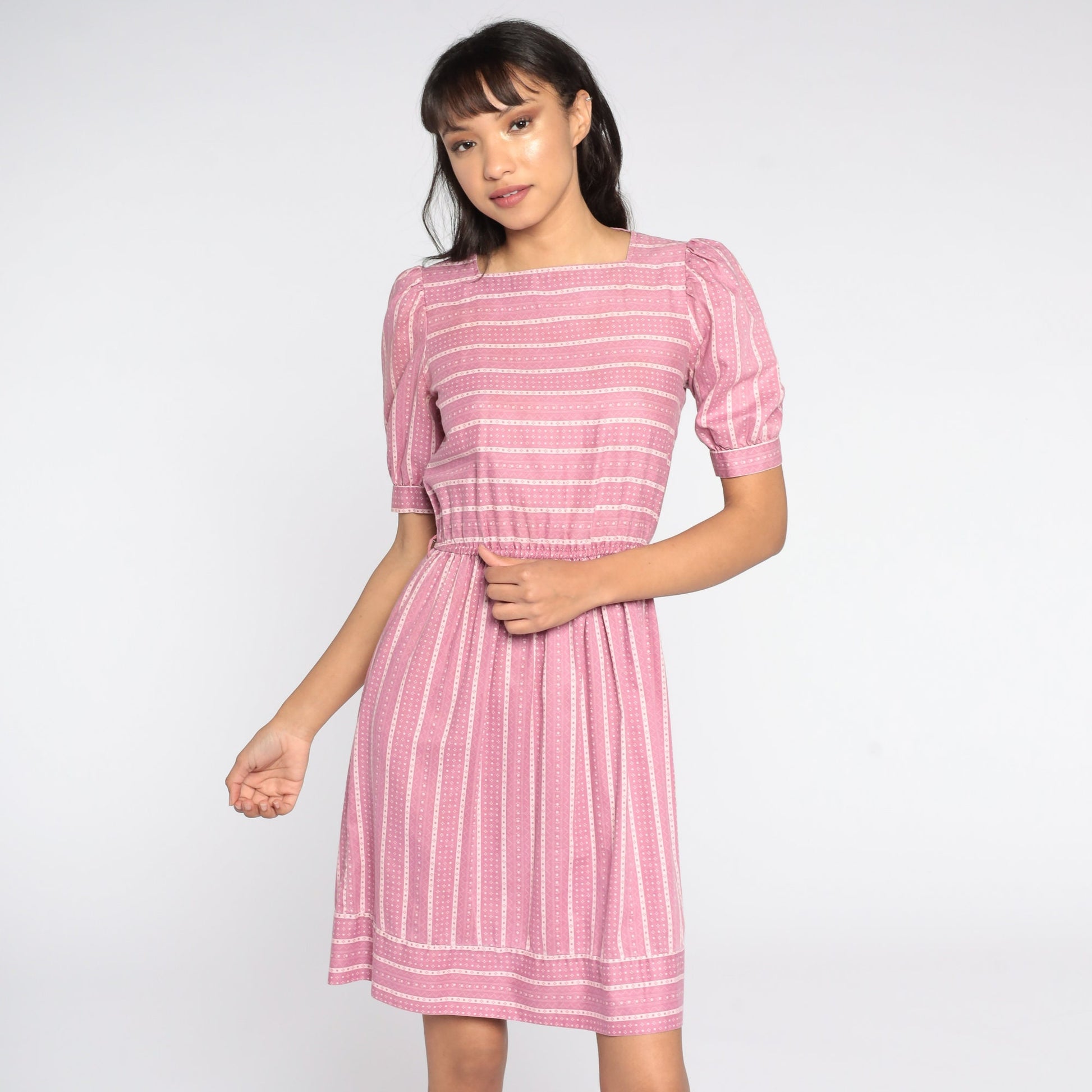 80s Pink Striped Puff Sleeve Dress High Waist Knee Length Extra Small