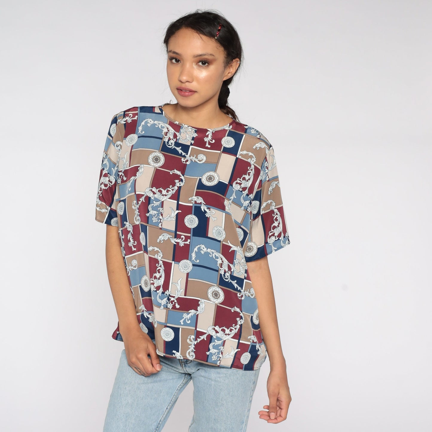 90s Geometric Color Block Blouse Burgundy Blue Polyester Short Sleeve Extra Large