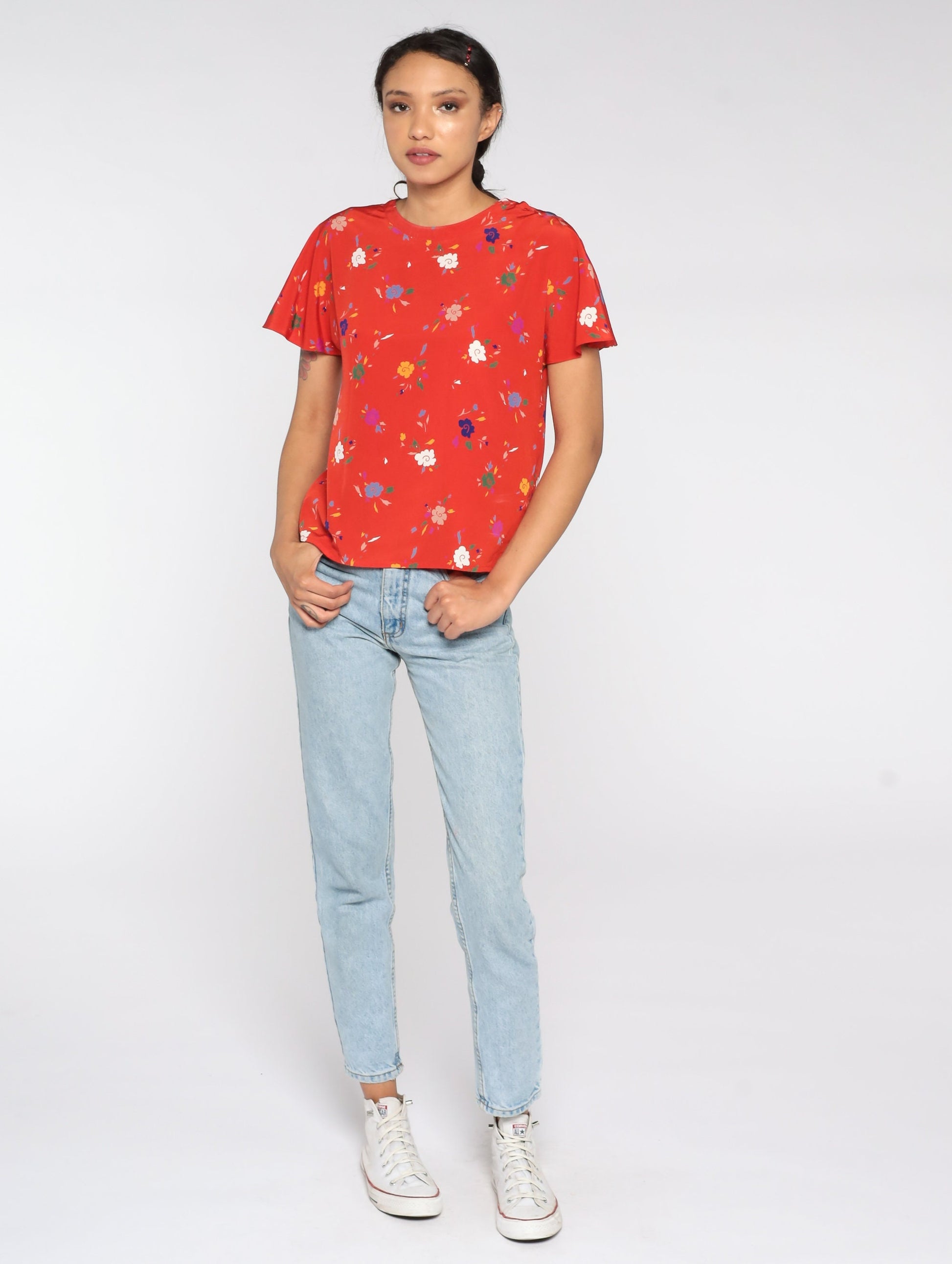 80s Red Floral Flutter Sleeve Blouse Short Sleeve Shirt Small