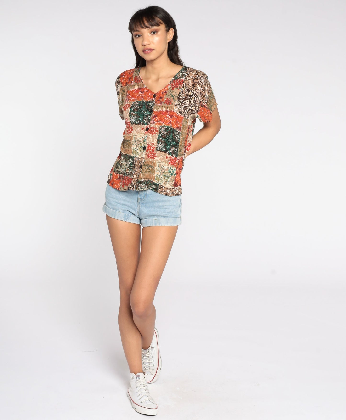 90s Patchwork Orange Floral Button-Up Shirt Rayon Blouse Medium