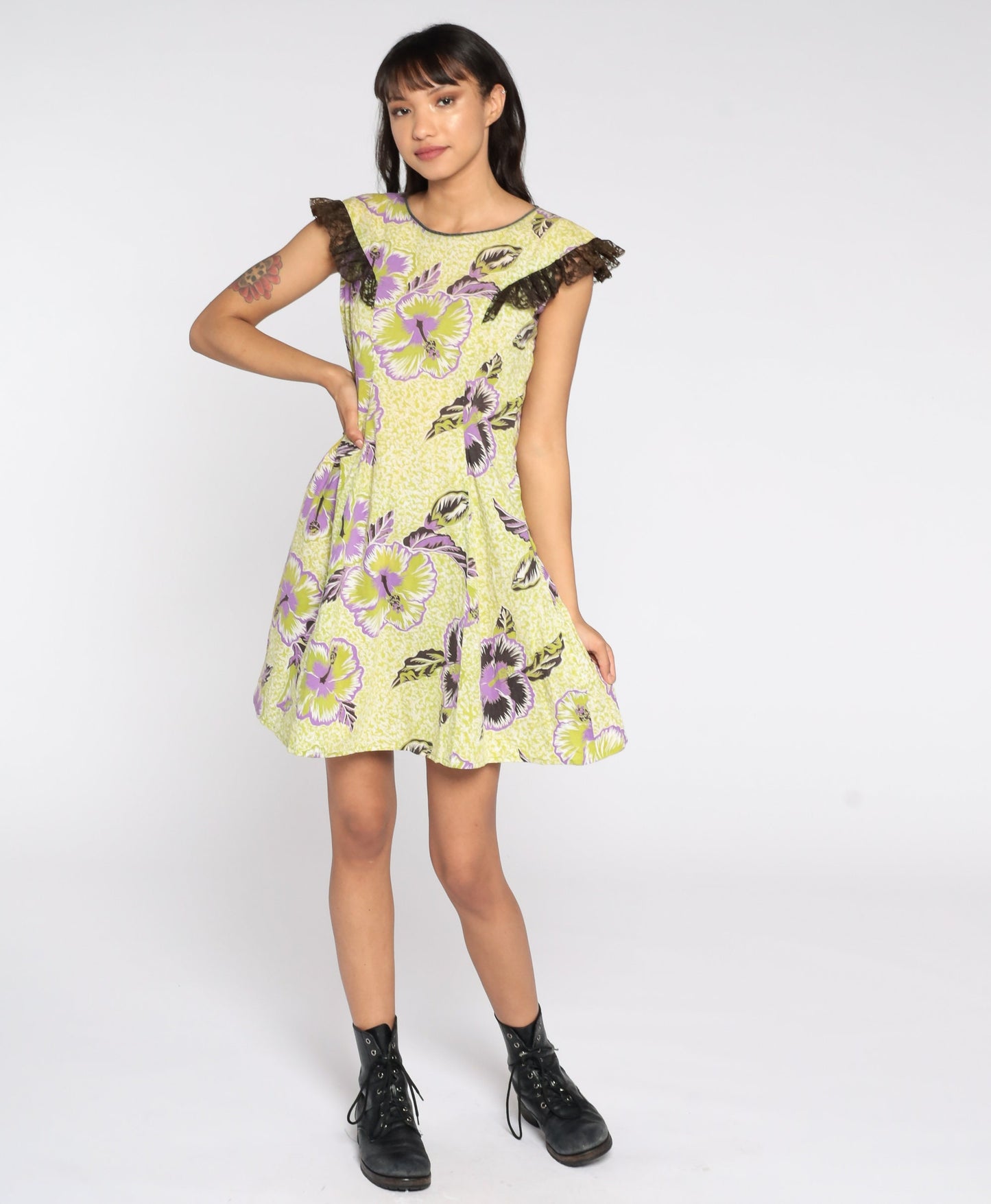 80s Yellow Floral Shift Dress Flutter Sleeve Midi Small