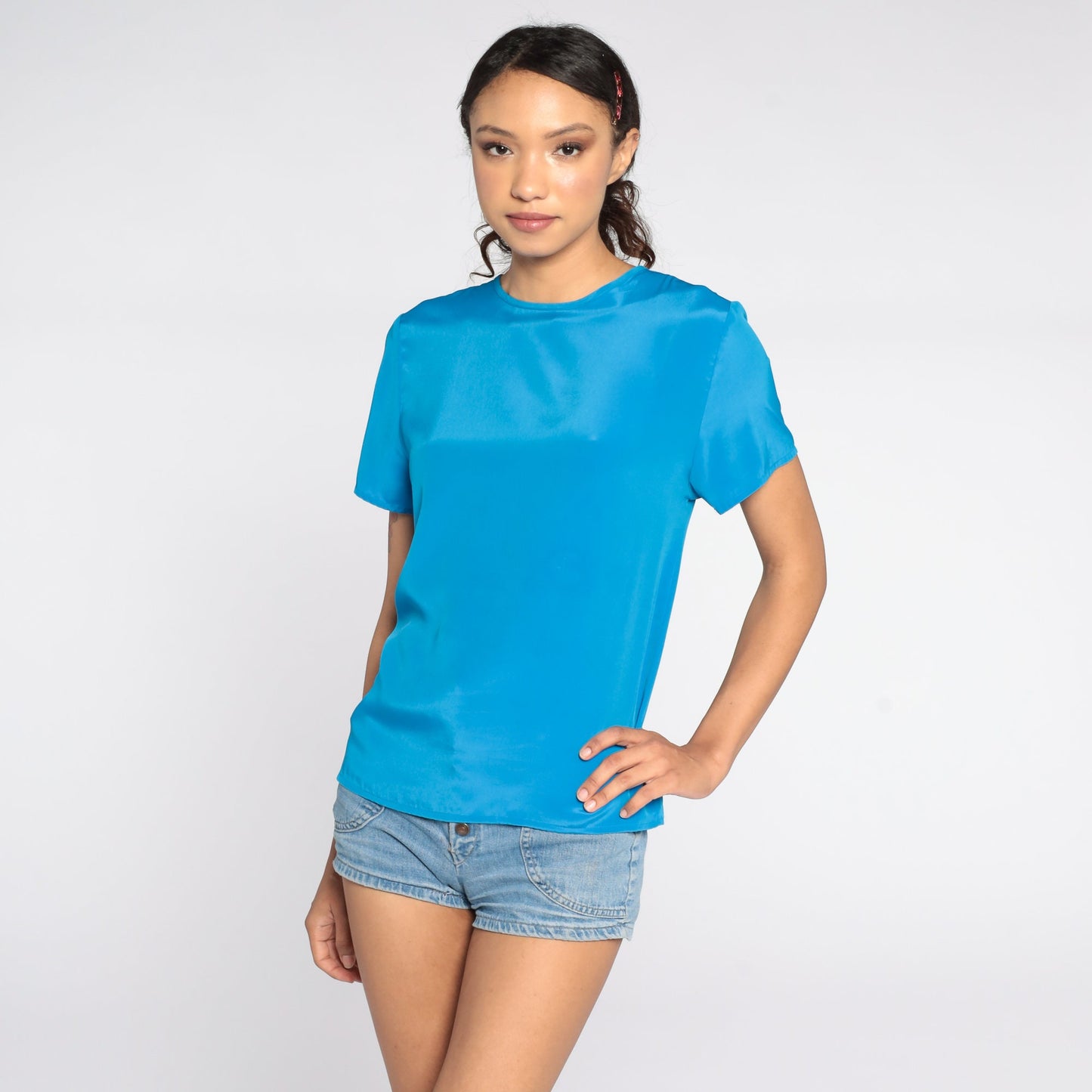 80s Blue Short Sleeve Blouse Plain Polyester Shirt Extra Small