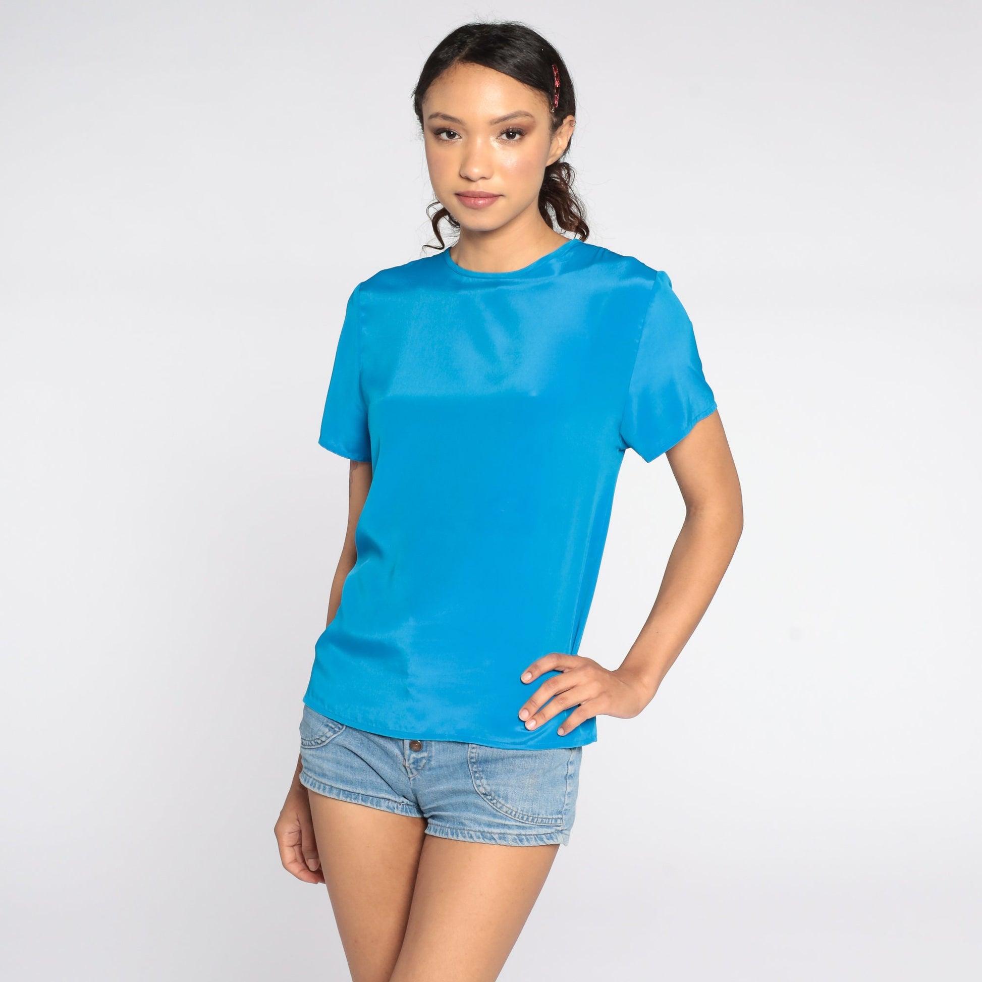 80s Blue Short Sleeve Blouse Plain Polyester Shirt Extra Small
