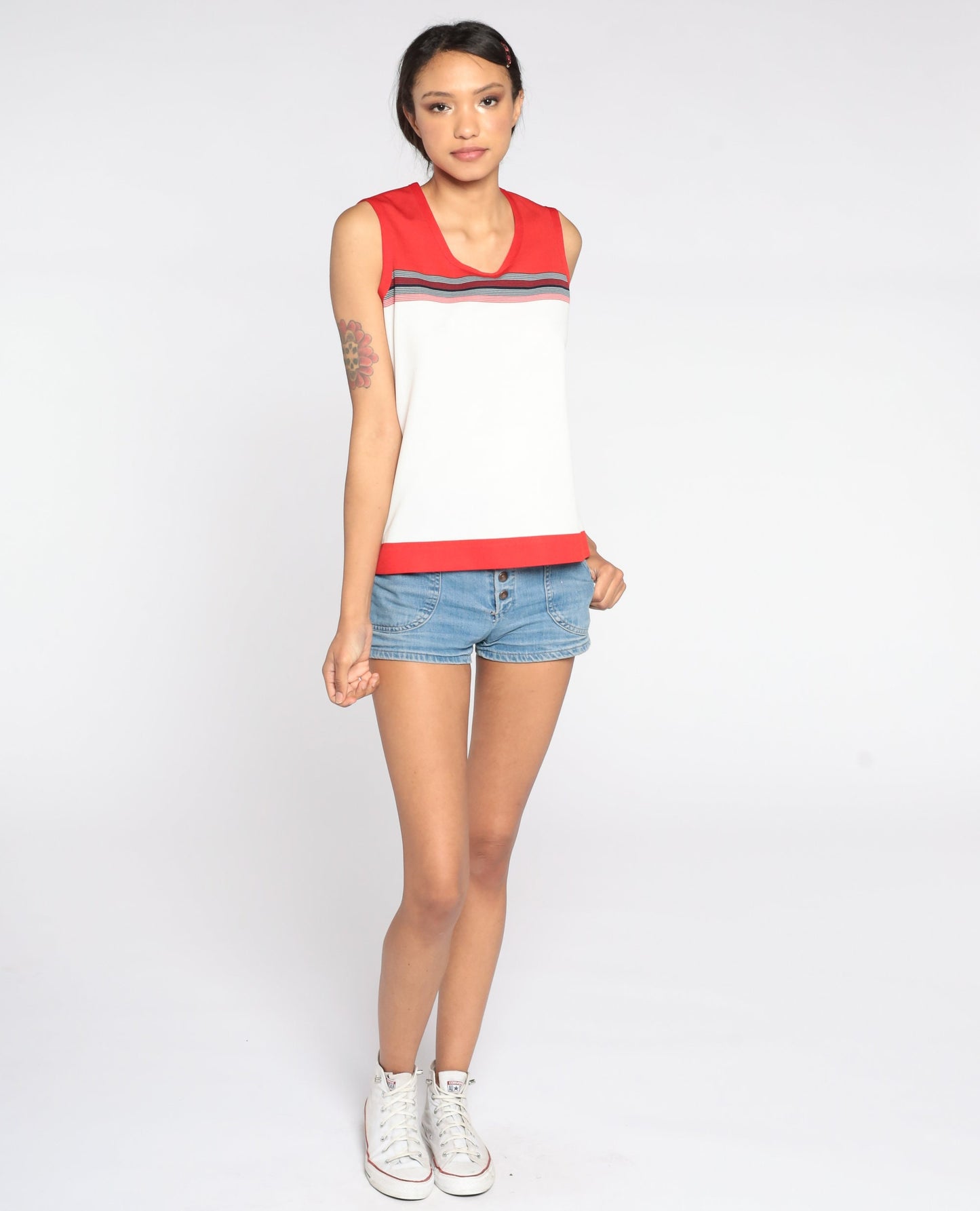 70s Striped Sleeveless Blouse Red White Polyester Knit Tank Small