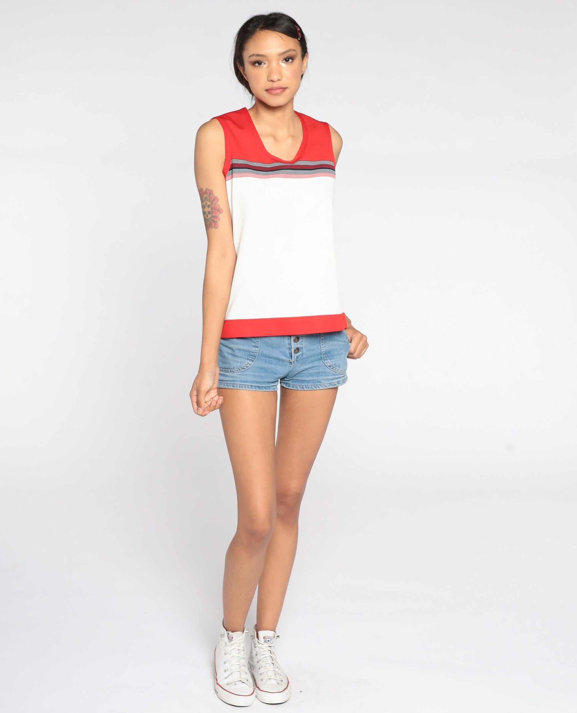 70s Striped Sleeveless Blouse Red White Polyester Knit Tank Small