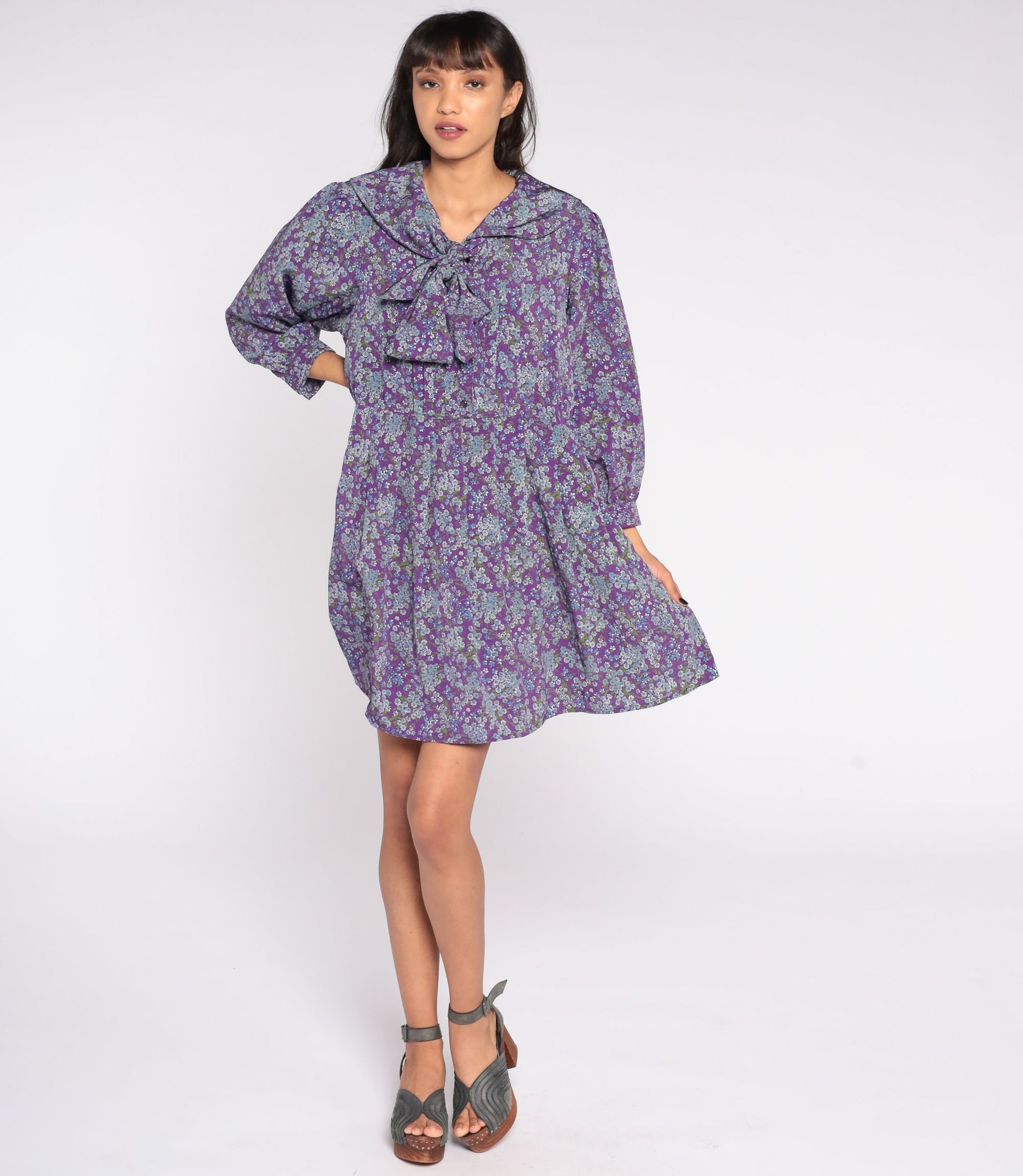 80s Purple Floral Button-Up Mini Dress Ascot Bow Shirtdress High Waist Large