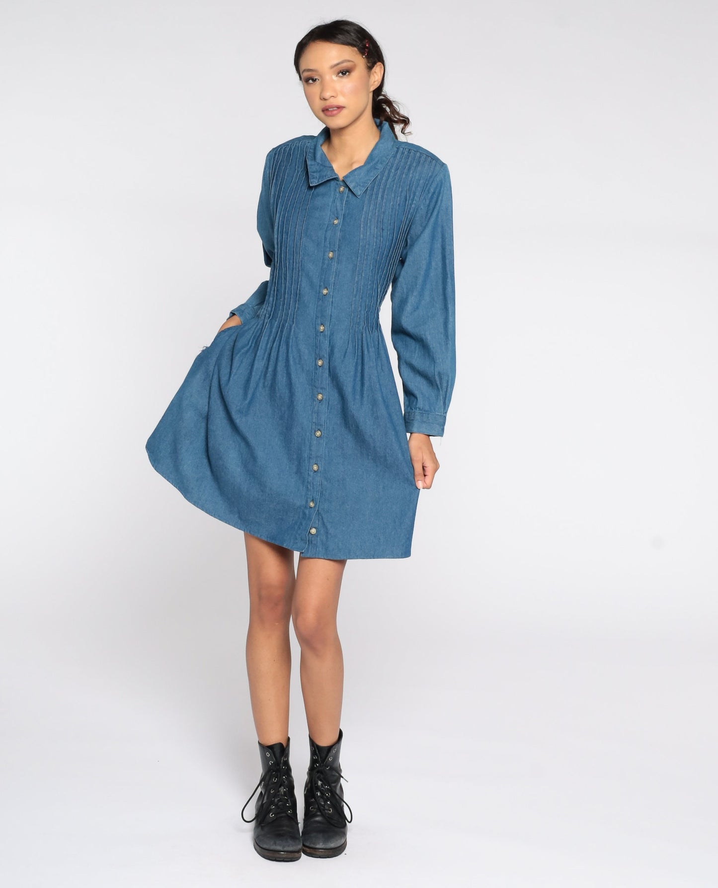 90s Blue Denim Mini Dress High Waisted Button Up Long Sleeve Extra Large XXL