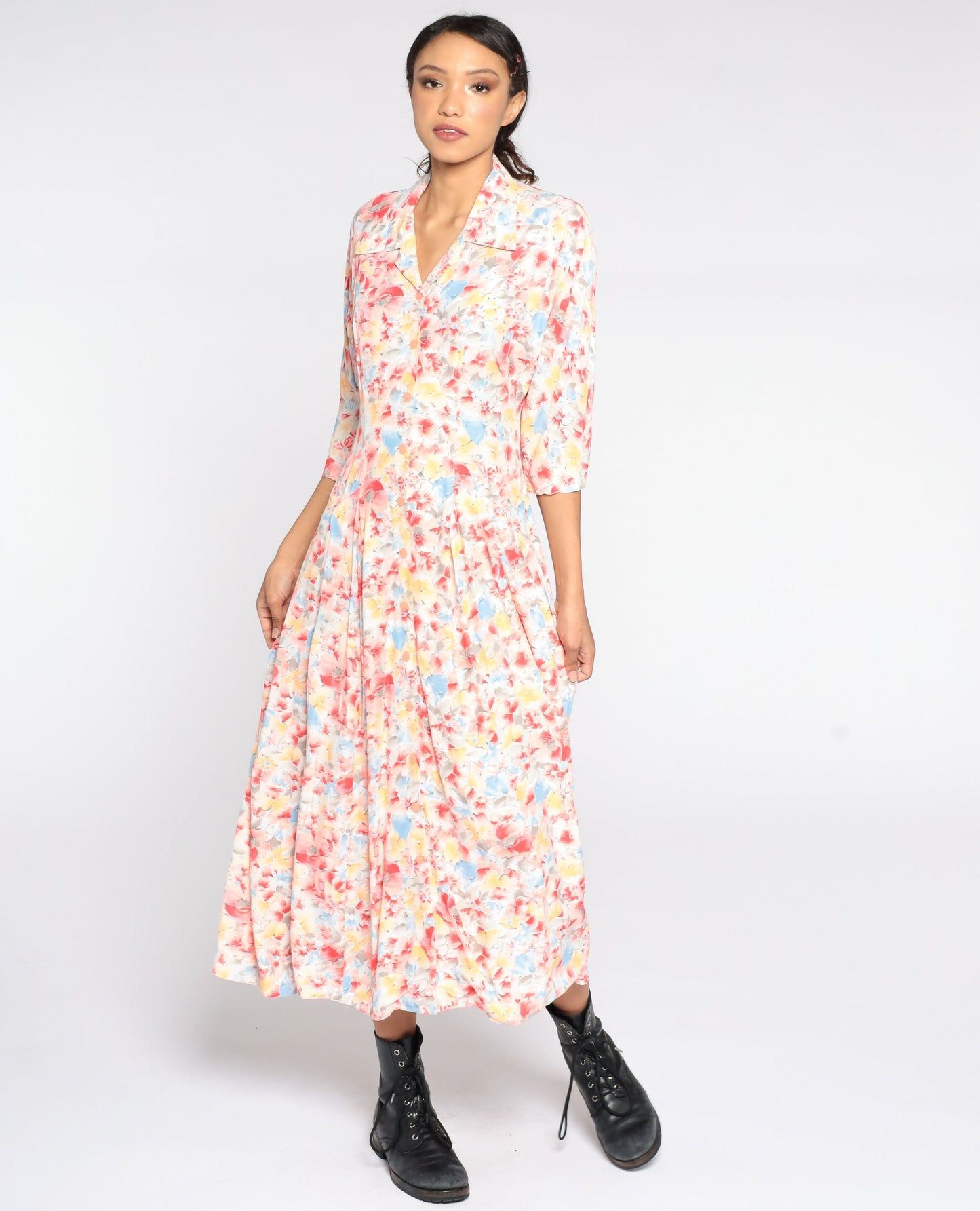 80s Floral Midi Shirtdress High Waist Button Front 3/4 Sleeve Small