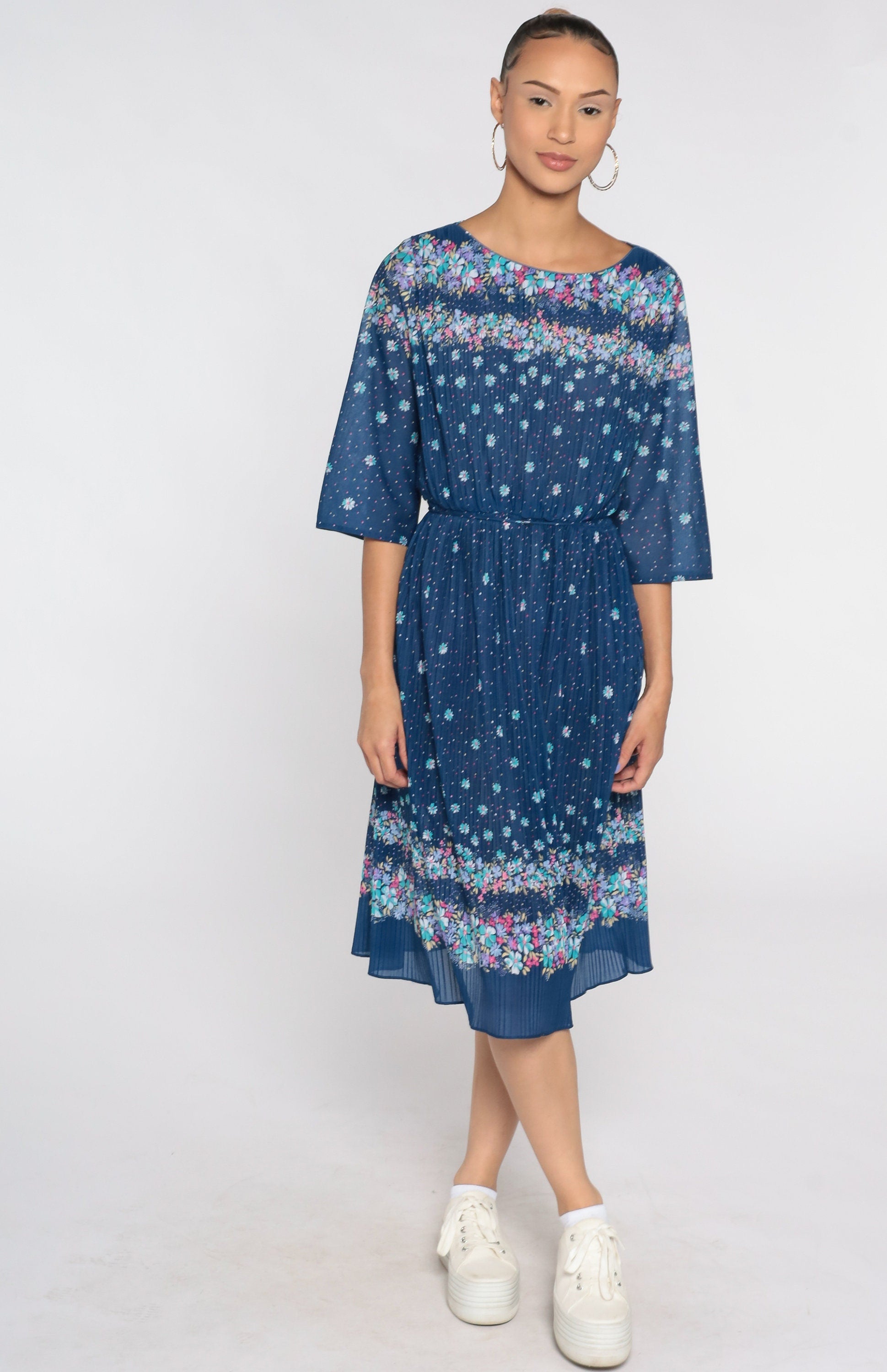 70s Floral Midi Dress Blue High Waist Knife Pleated 3/4 Sleeve Large L