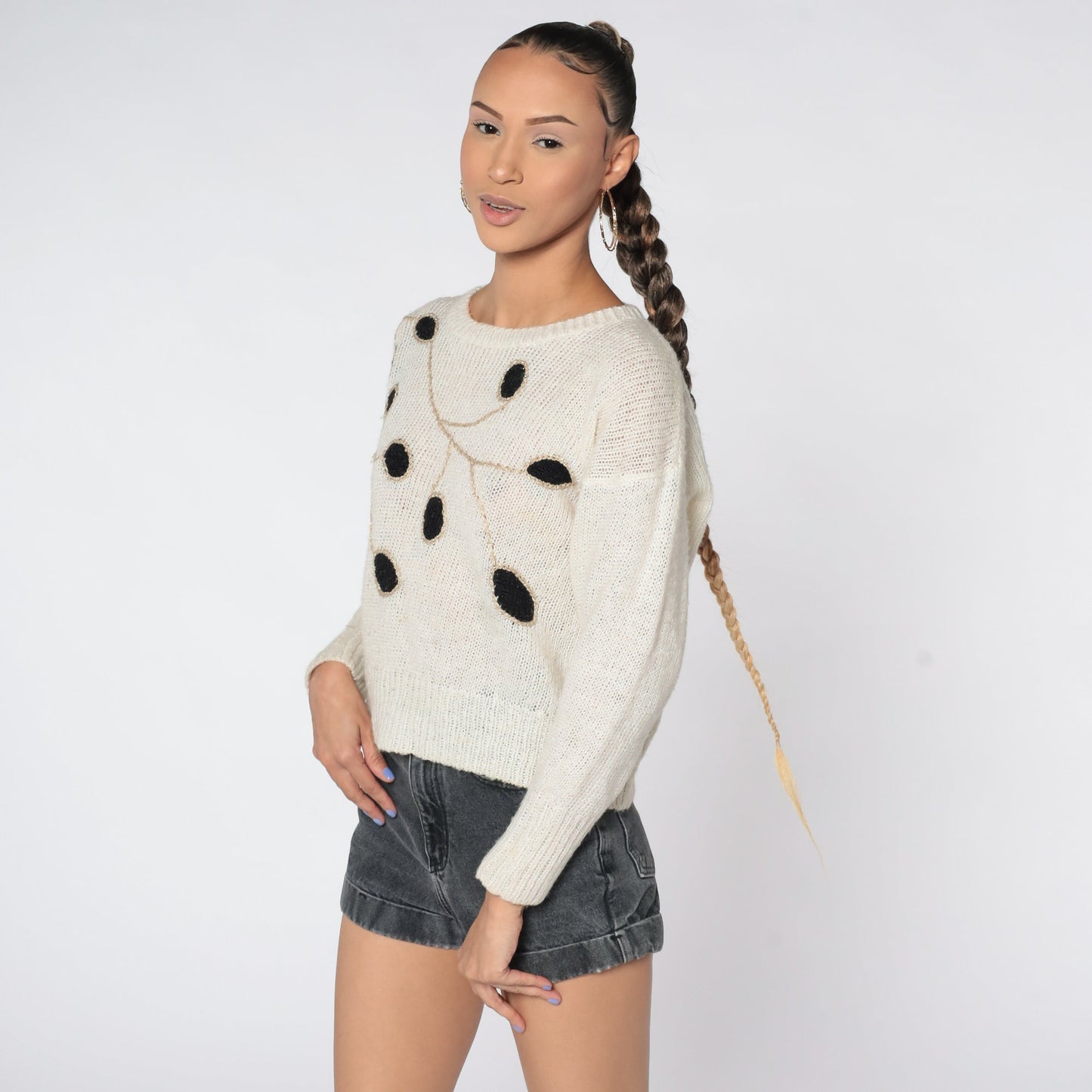 80s White Leaf Knit Sweater Graphic Pullover Crewneck Medium