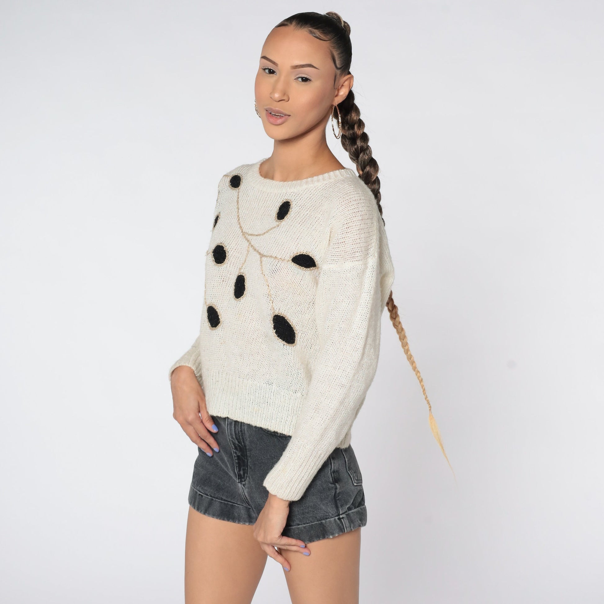 80s White Leaf Knit Sweater Graphic Pullover Crewneck Medium