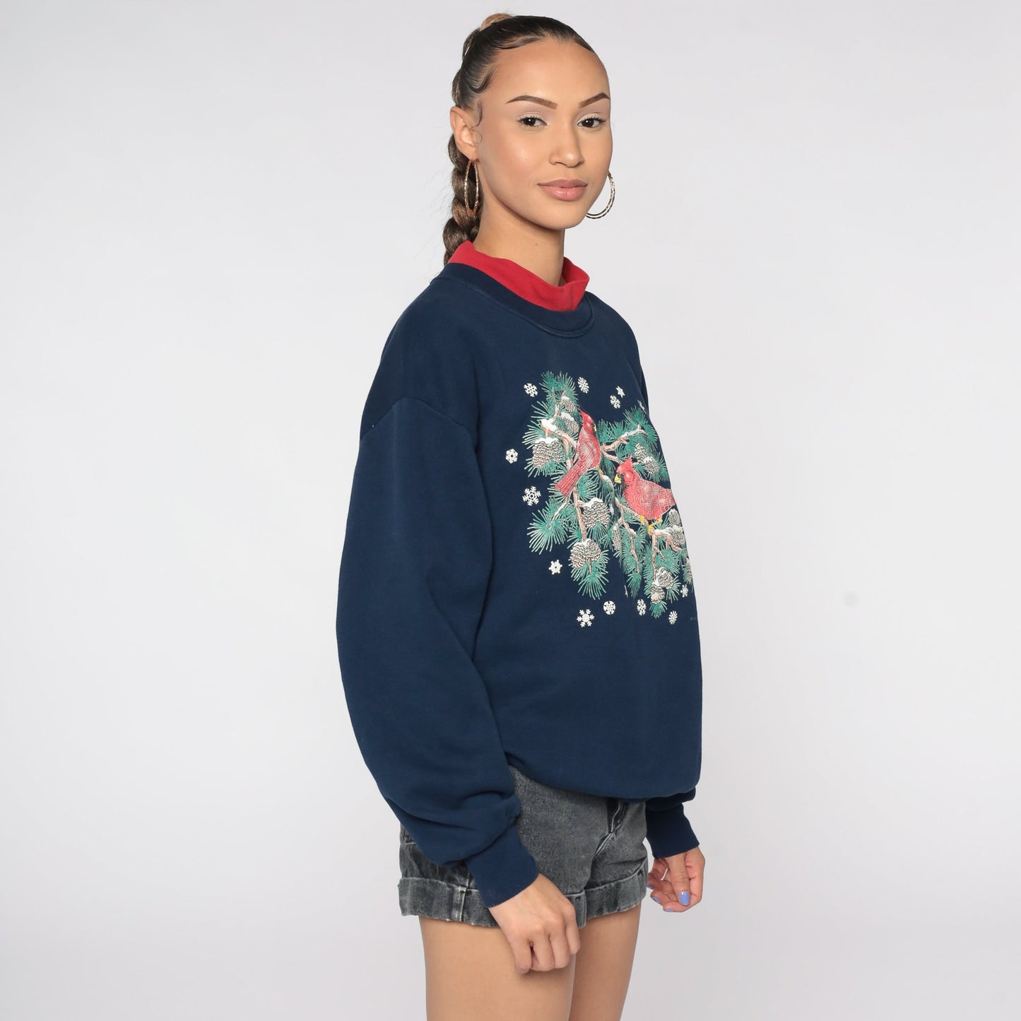 80s Cardinal Bird Graphic Sweatshirt Dark Blue Winter Pullover Large L