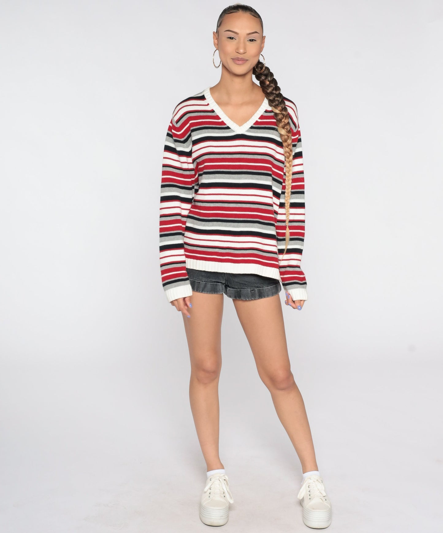 90s Red White Striped Cotton Knit V-Neck Pullover Sweater Men's Large L