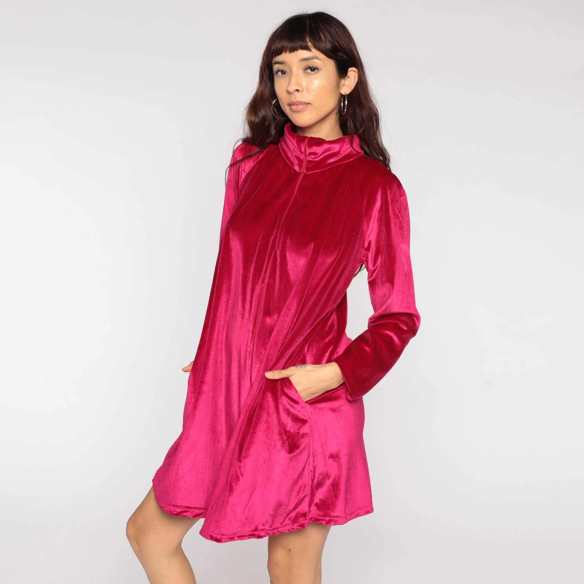 70s Deep Pink Velour Lounge Dress Mini Front Zip Long Sleeve Small