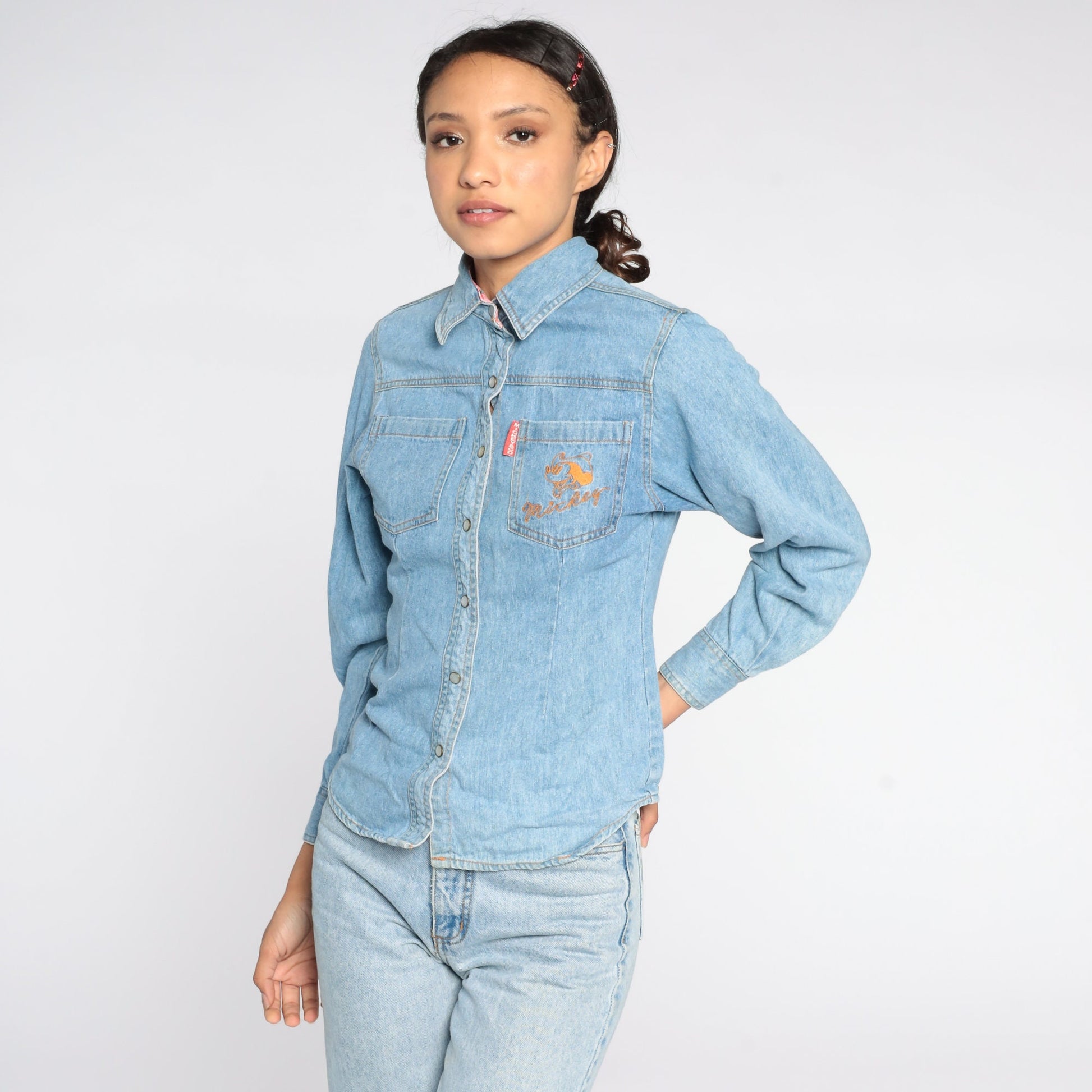 90s Disney Mickey Mouse Denim Pearl Snap Western Shirt Extra Small