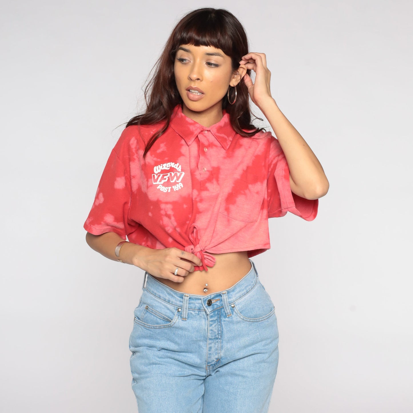 90s Wizards VFW 1699 Tie Dye Crop Top Button Up Shirt Red Extra Large