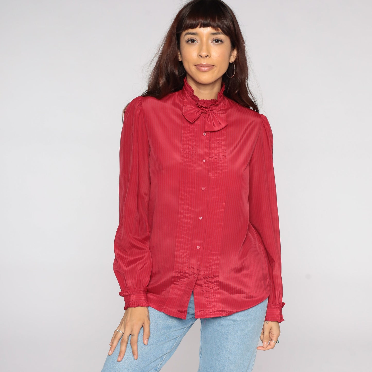 80s Red Pinstriped Necktie Blouse Puff Sleeve Button Up Medium