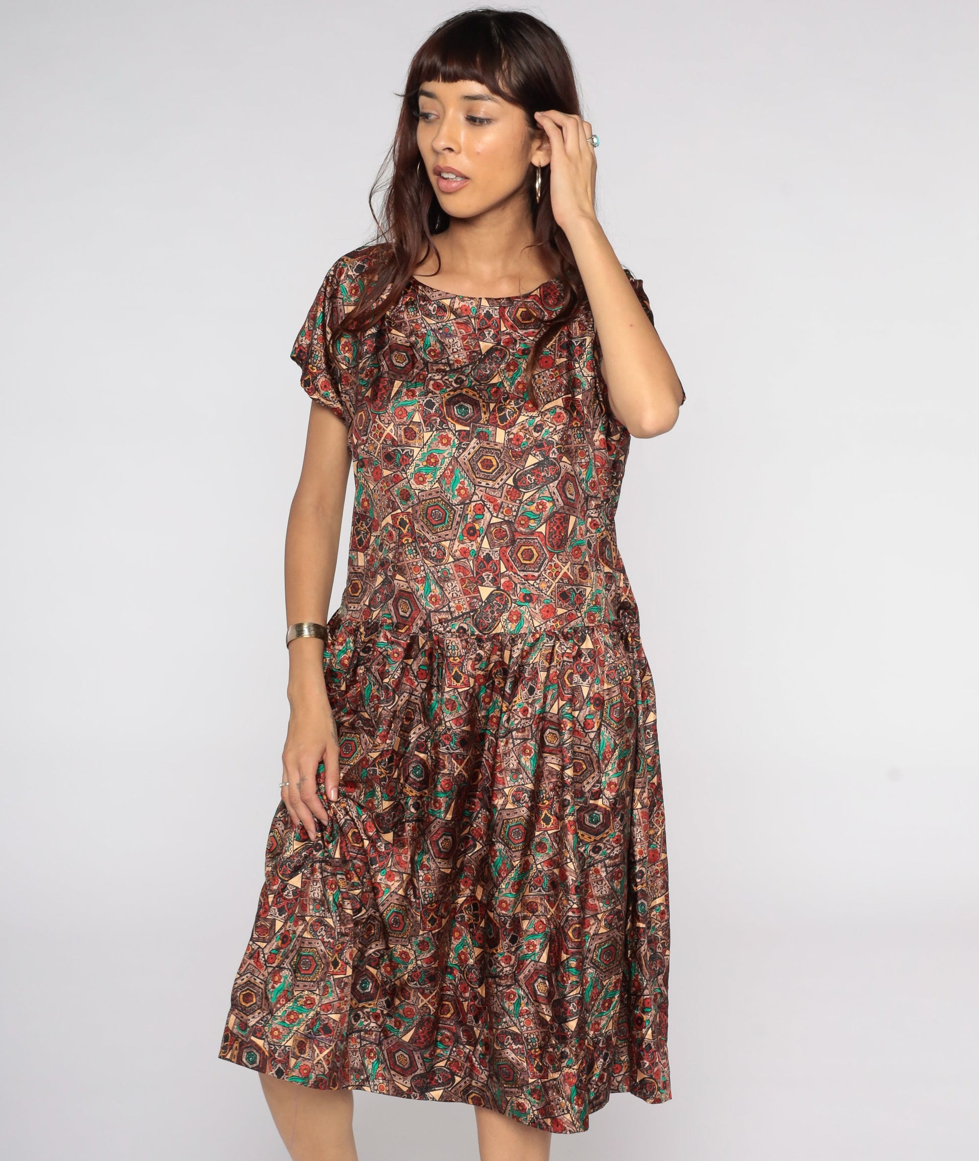 1960s Geometric Floral Midi Dress Drop Waist Short Sleeve Red Brown Medium