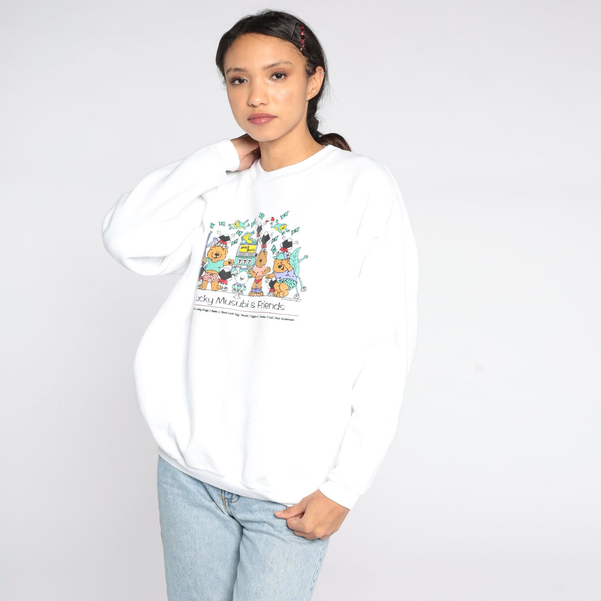 90s Lucky Musubi Sushi Graphic Sweatshirt Teddy Bear Crewneck Large