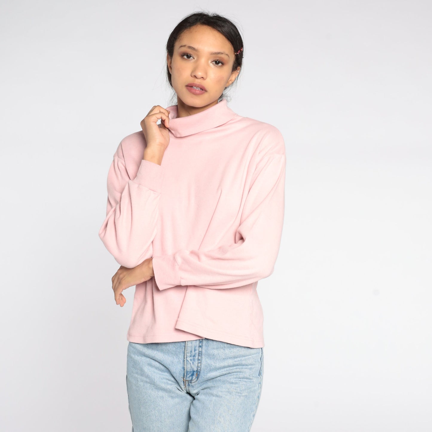 80s Baby Pink Turtleneck Long Sleeve Shirt Cotton Blend Large L