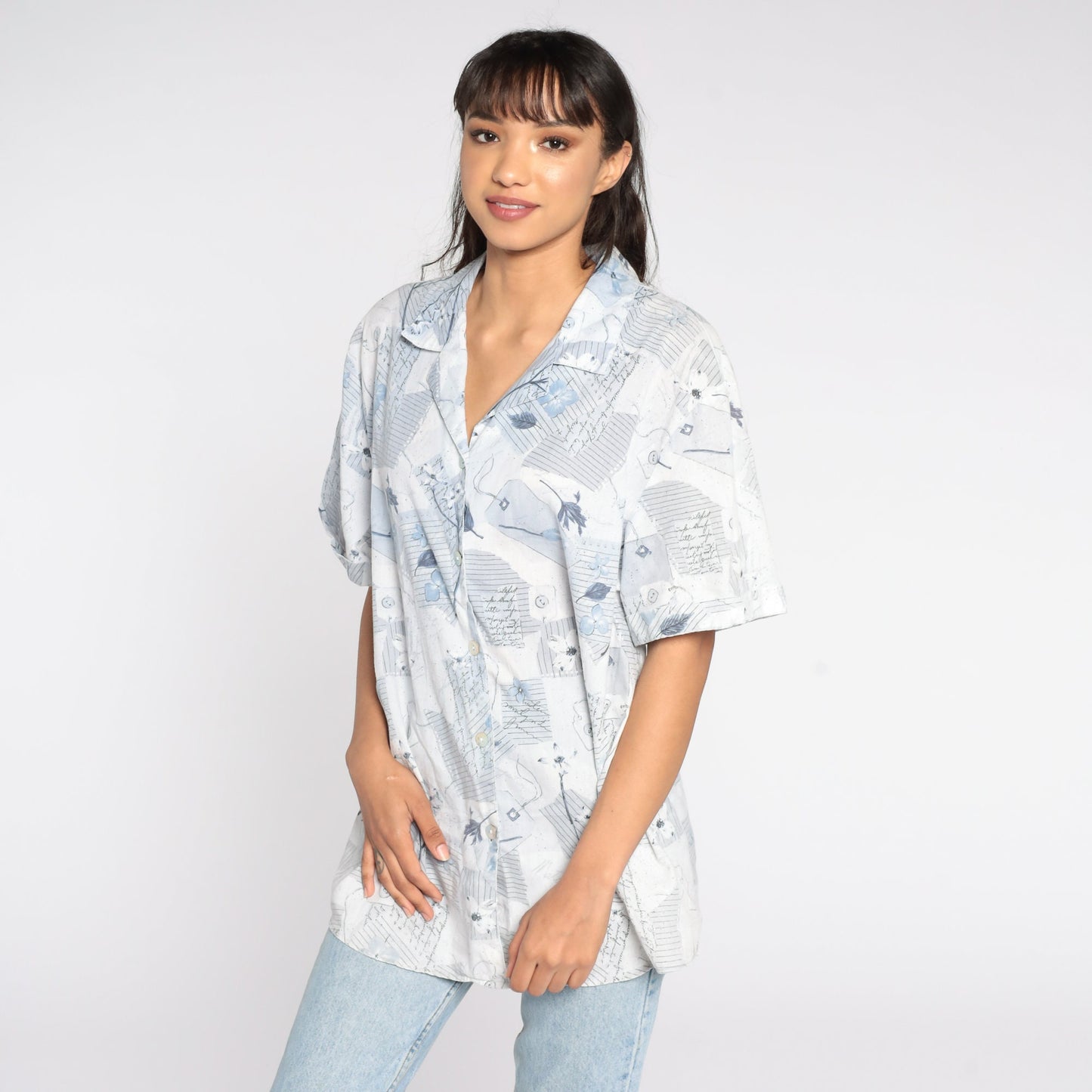 90s Floral Button Up Shirt Plus Size White Blue Short Sleeve Blouse XXL