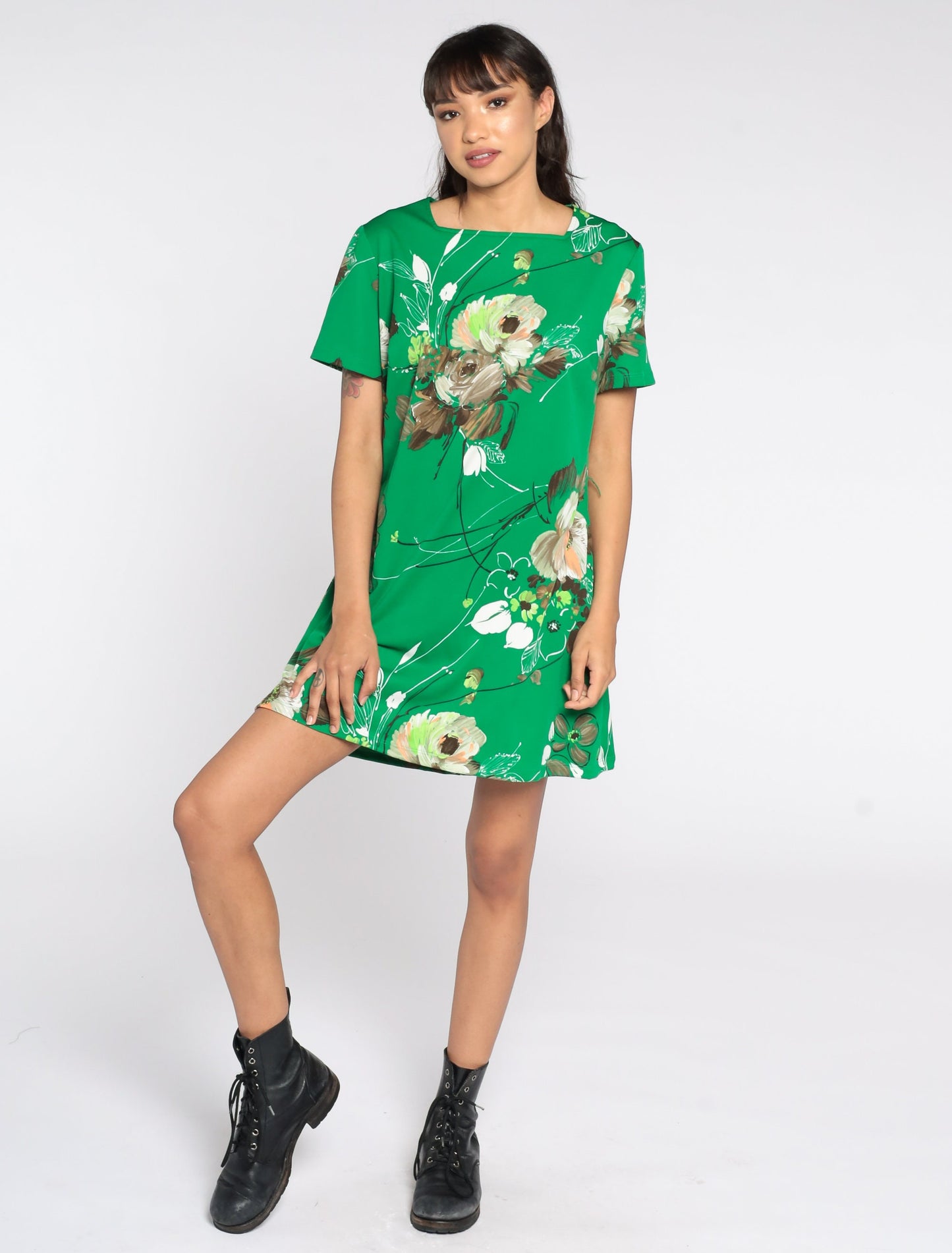 60s Mod Mini Shift Dress Green Floral Print Short Sleeve Medium Large
