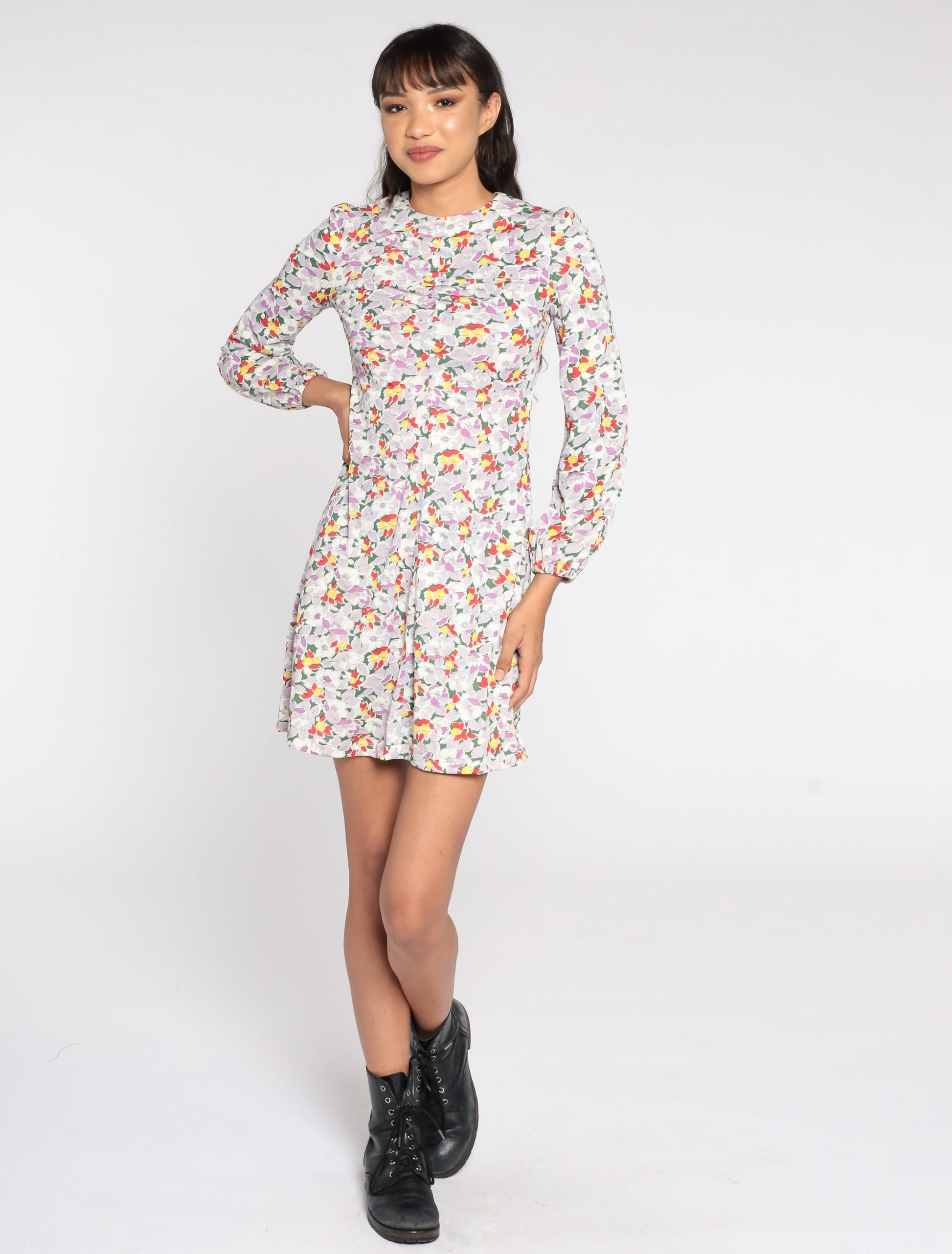 70s Floral Puff Sleeve Mini Shift Dress Multicolor Extra Small