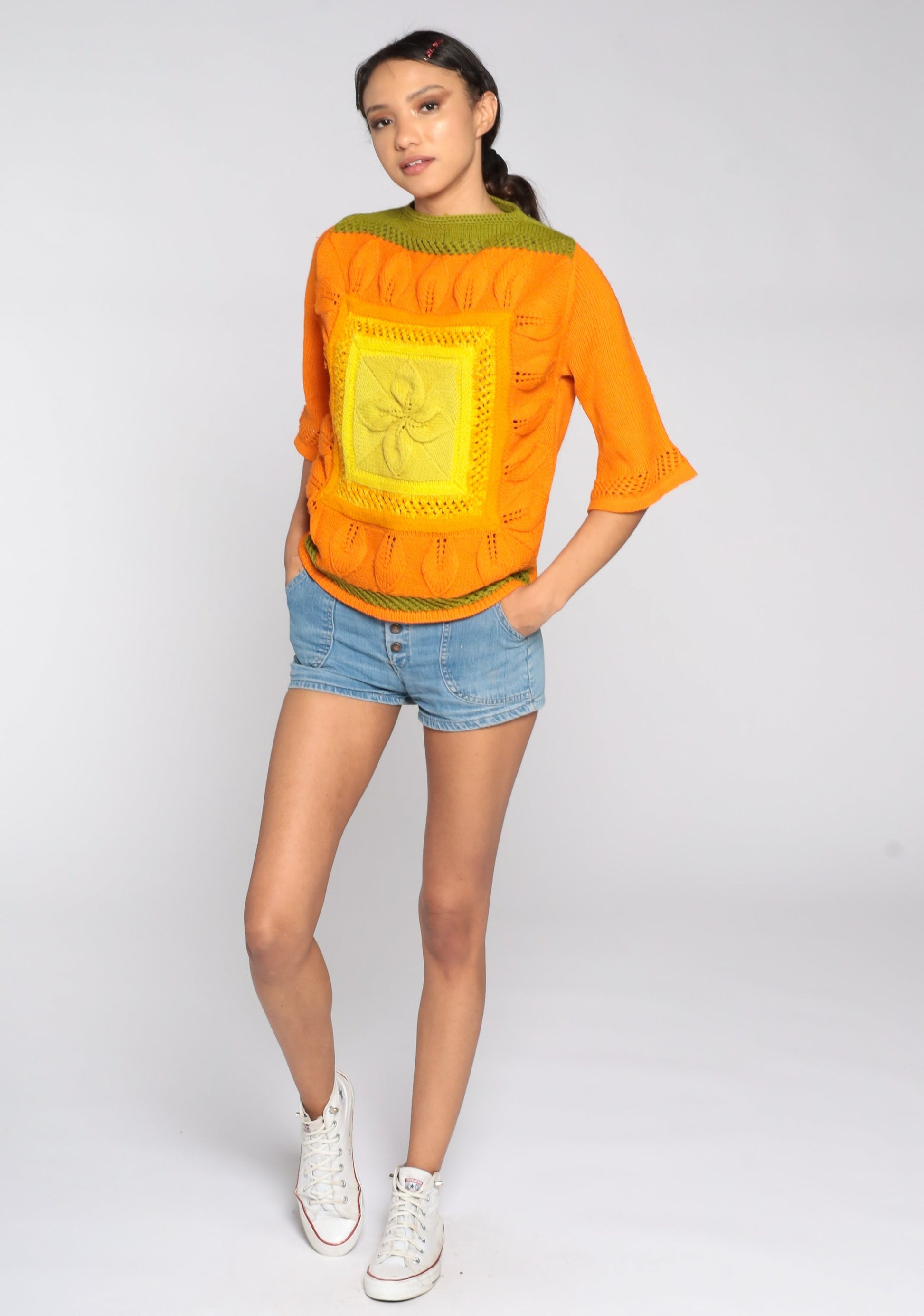 70s Wool Bell Sleeve Sweater Yellow Orange Colourblock Knit Medium