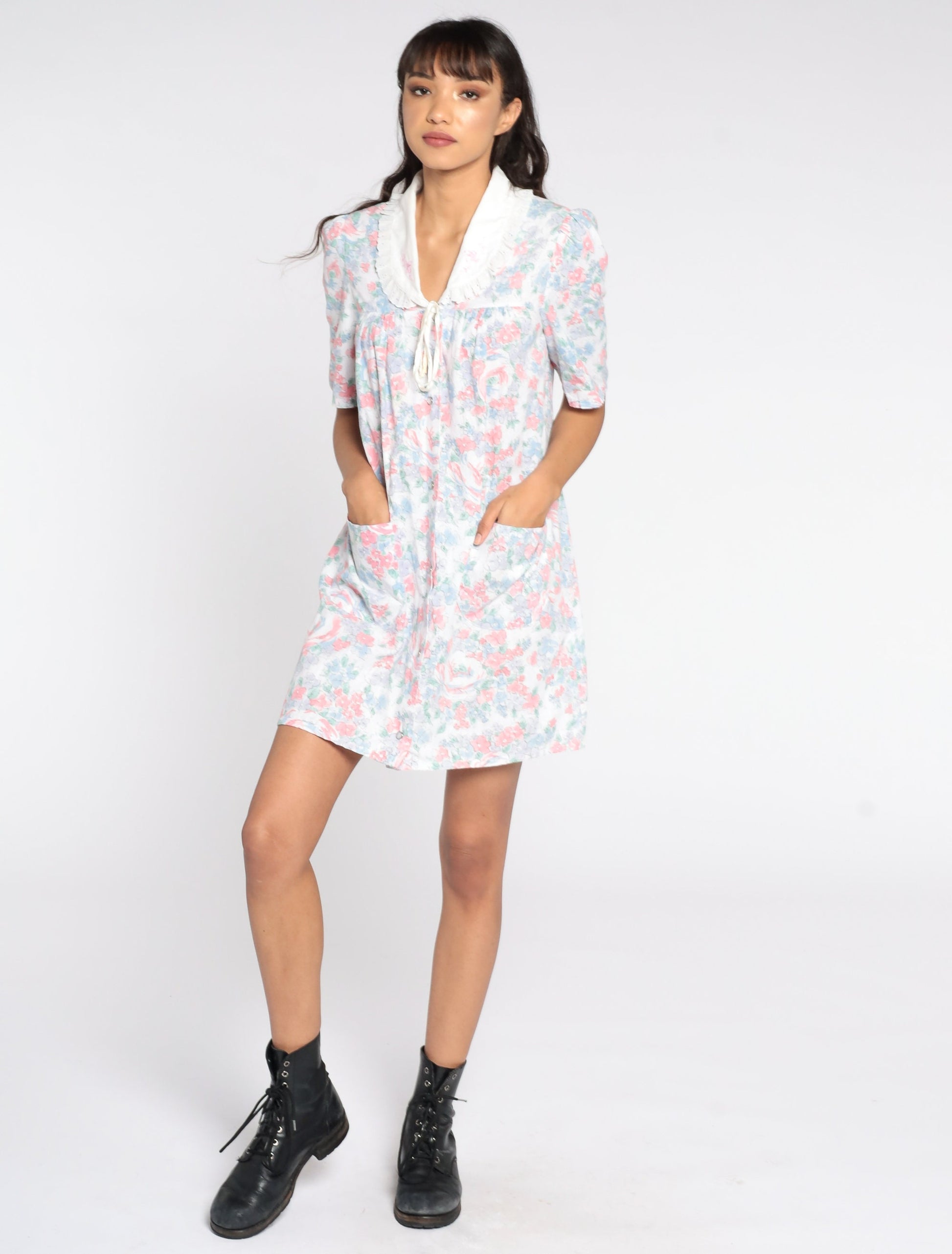 80s Floral Mini Dress Lace Collar Short Sleeve Cotton Small