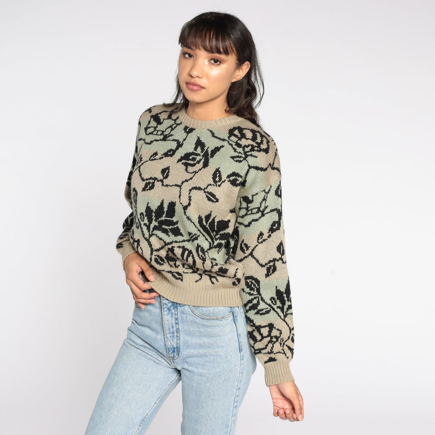 80s Floral Vine Crewneck Sweater Brown Green Pullover Medium