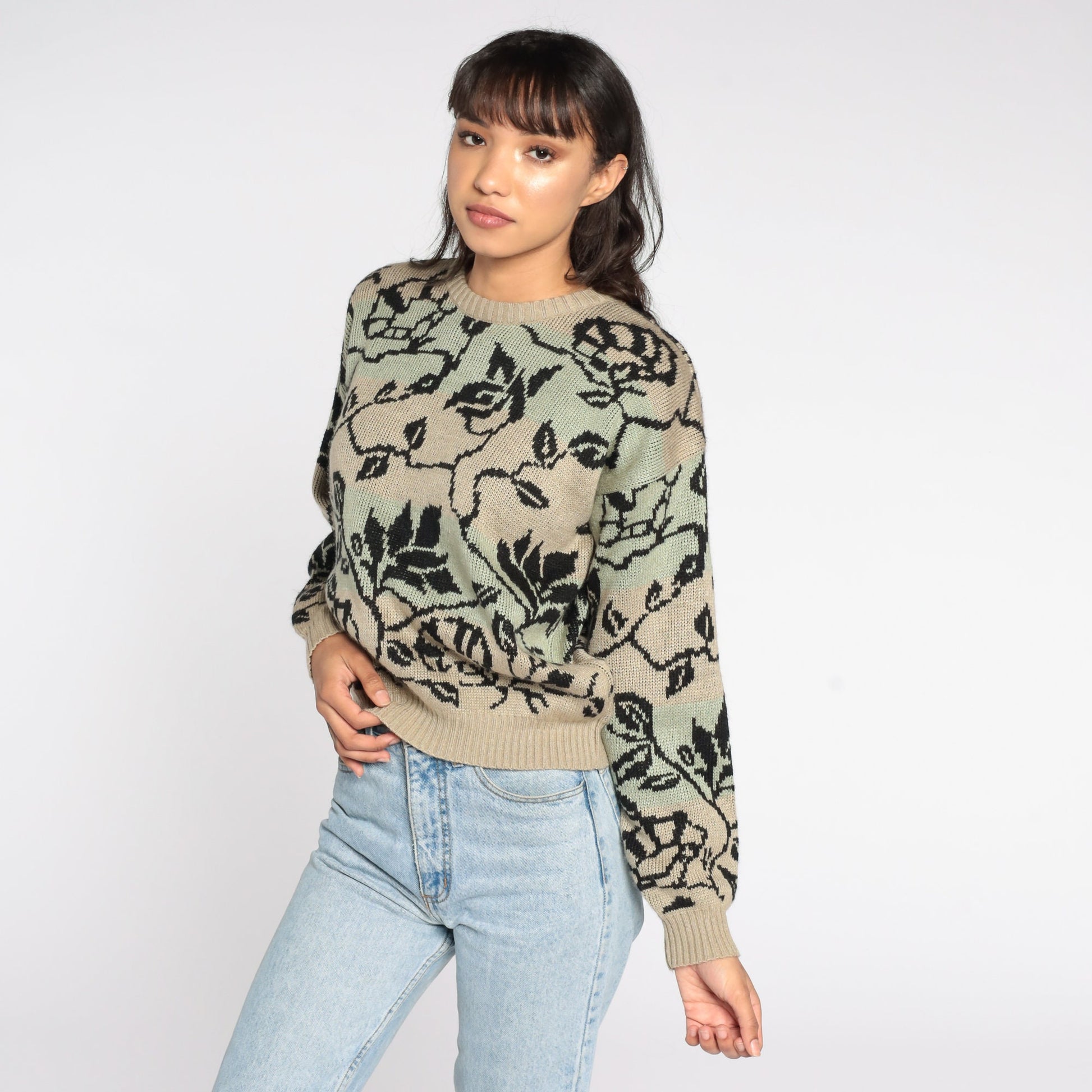 80s Floral Vine Crewneck Sweater Brown Green Pullover Medium