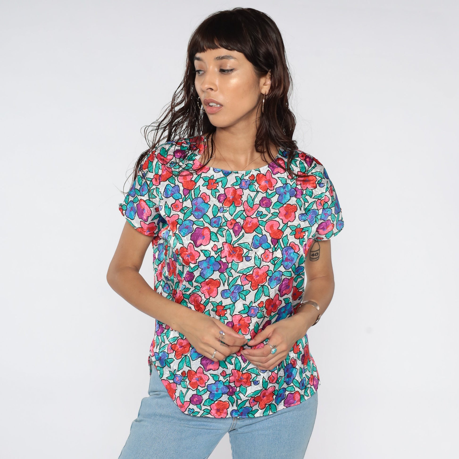 80s Floral Cap Sleeve Blouse White Green Pink Flower Print Small