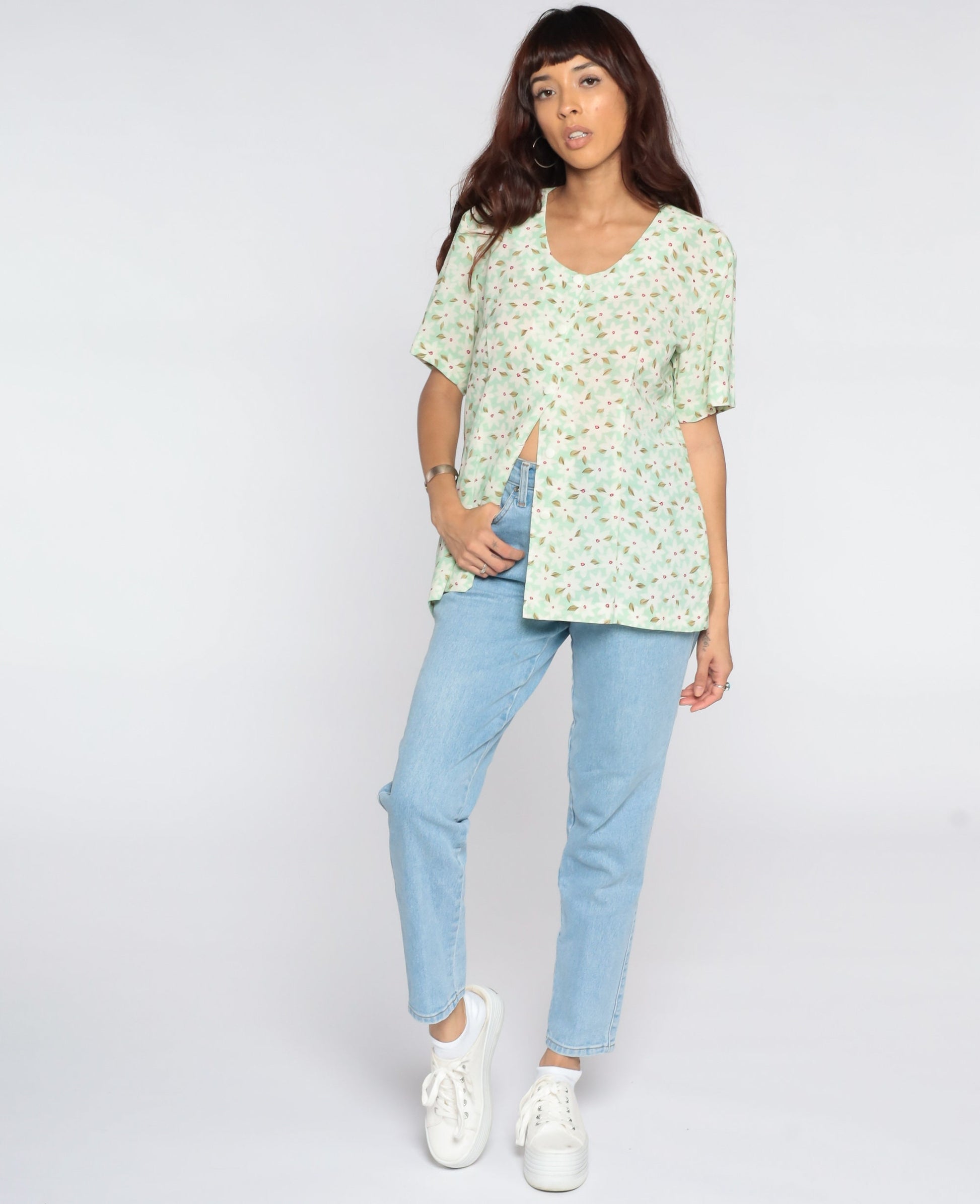 90s Green Floral Button-Up Shirt Short Sleeve Blouse Medium Large