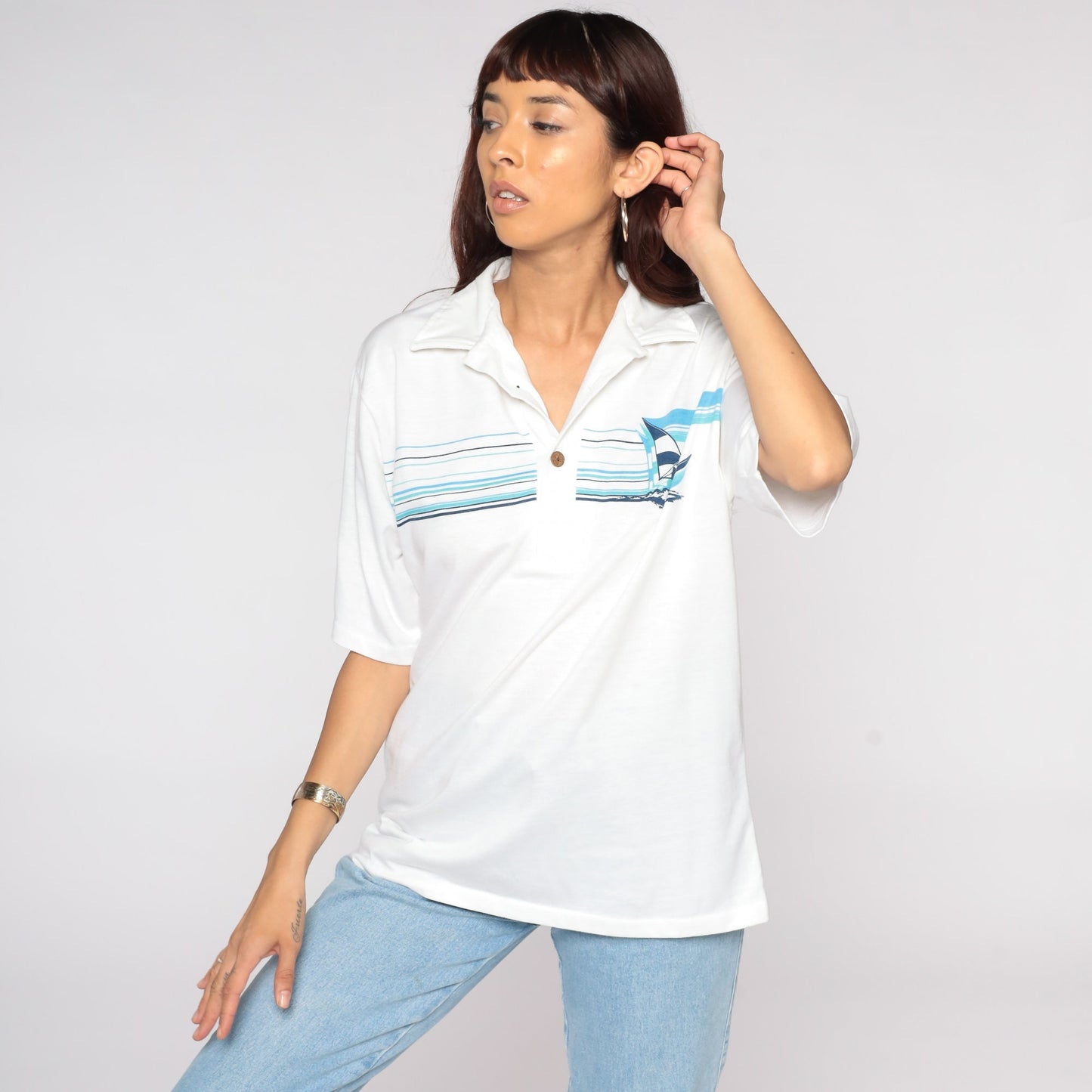 80s Windsurfing Polo Shirt Button Up Tropical Print White Medium Large