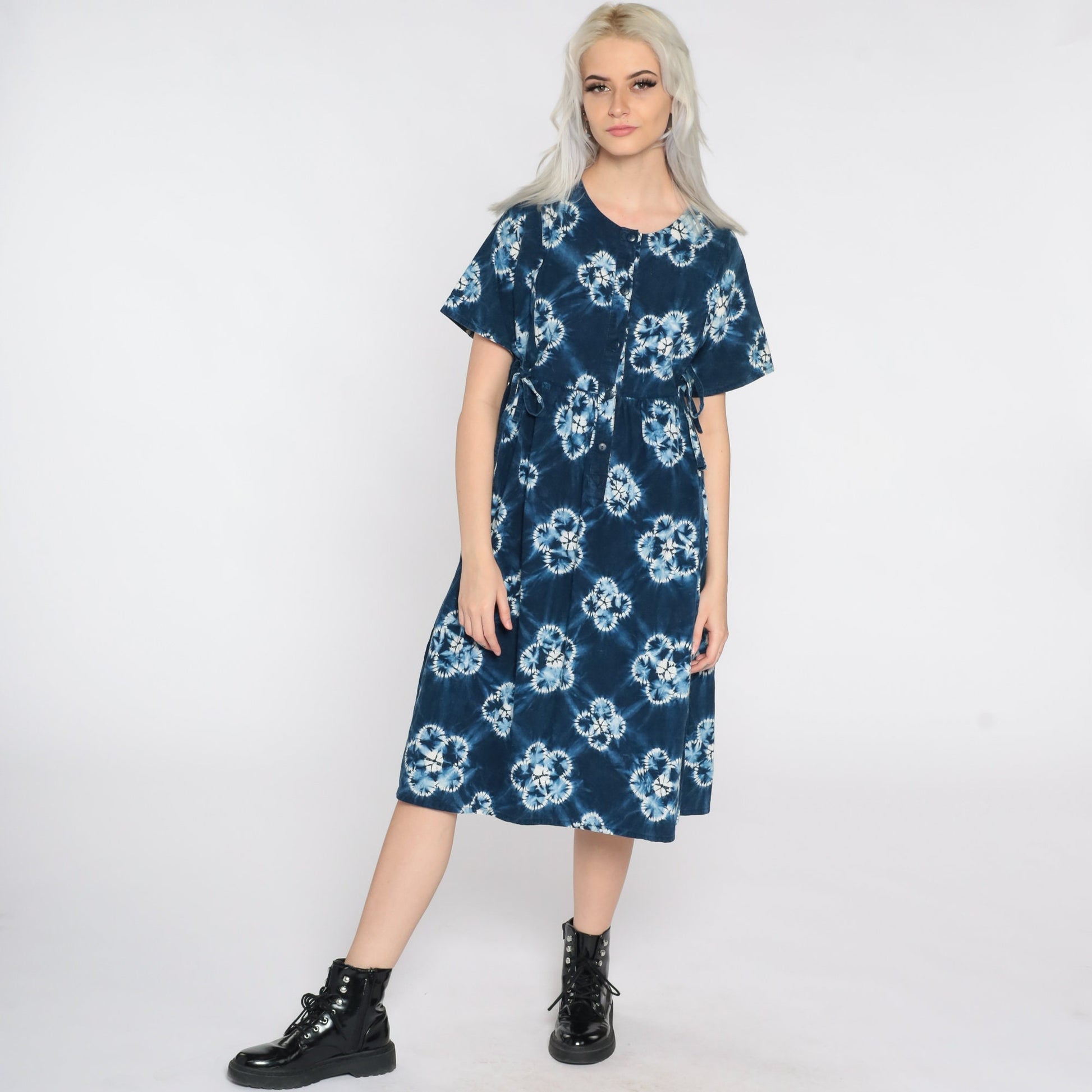 90s Tie Dye Midi Dress Blue Floral Empire Waist Button Front Cotton Medium