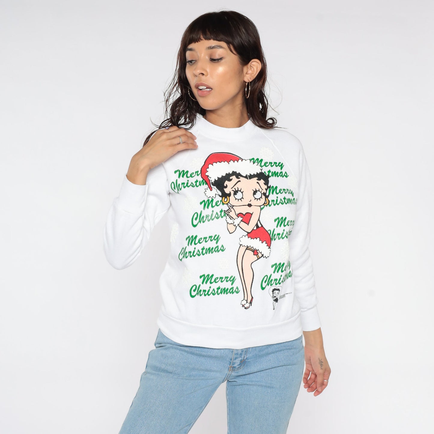 90s Betty Boop Merry Christmas Sweatshirt White Graphic Crewneck Small
