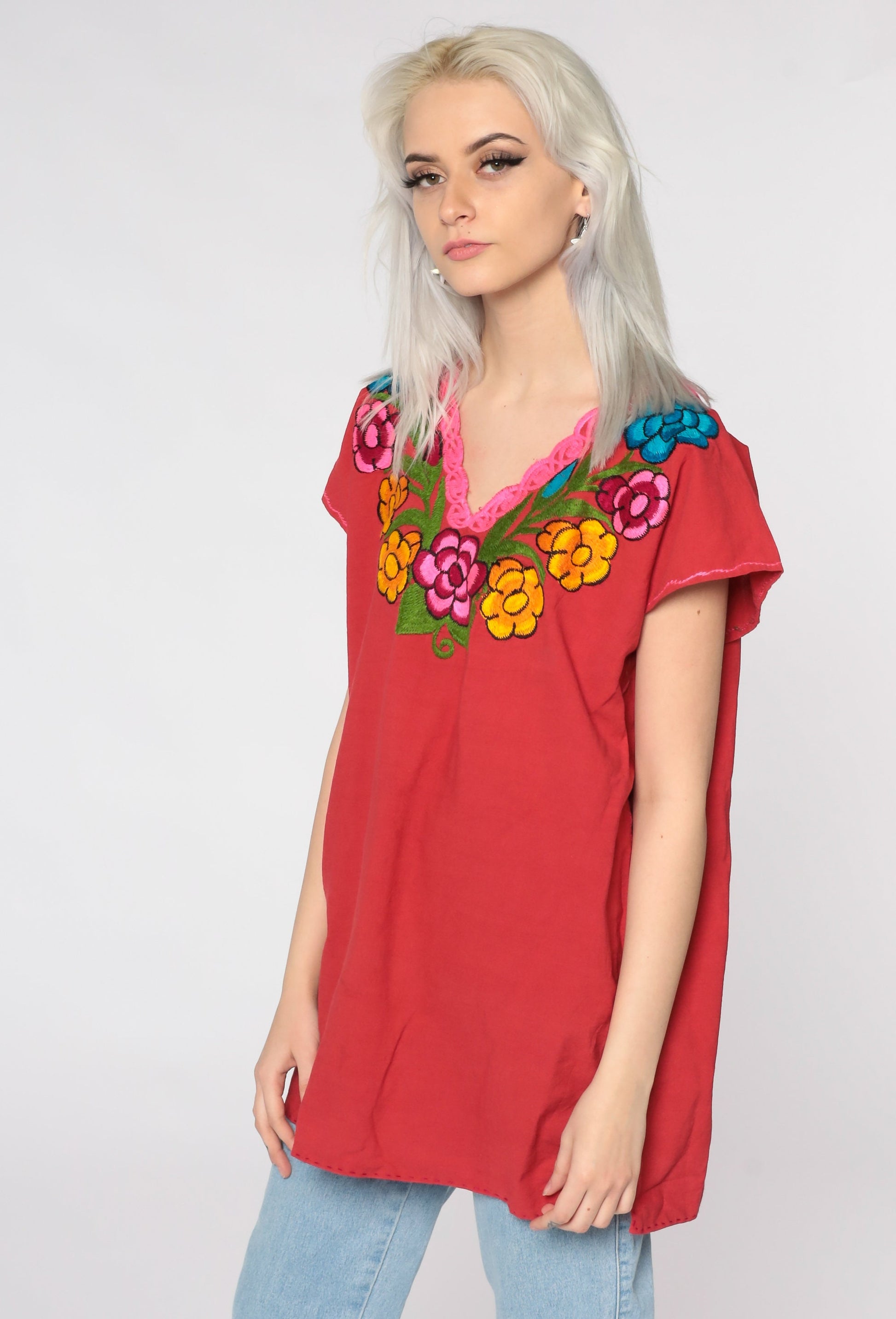 80s Red Embroidered Mexican Cotton Tunic Blouse Floral Short Sleeve Large