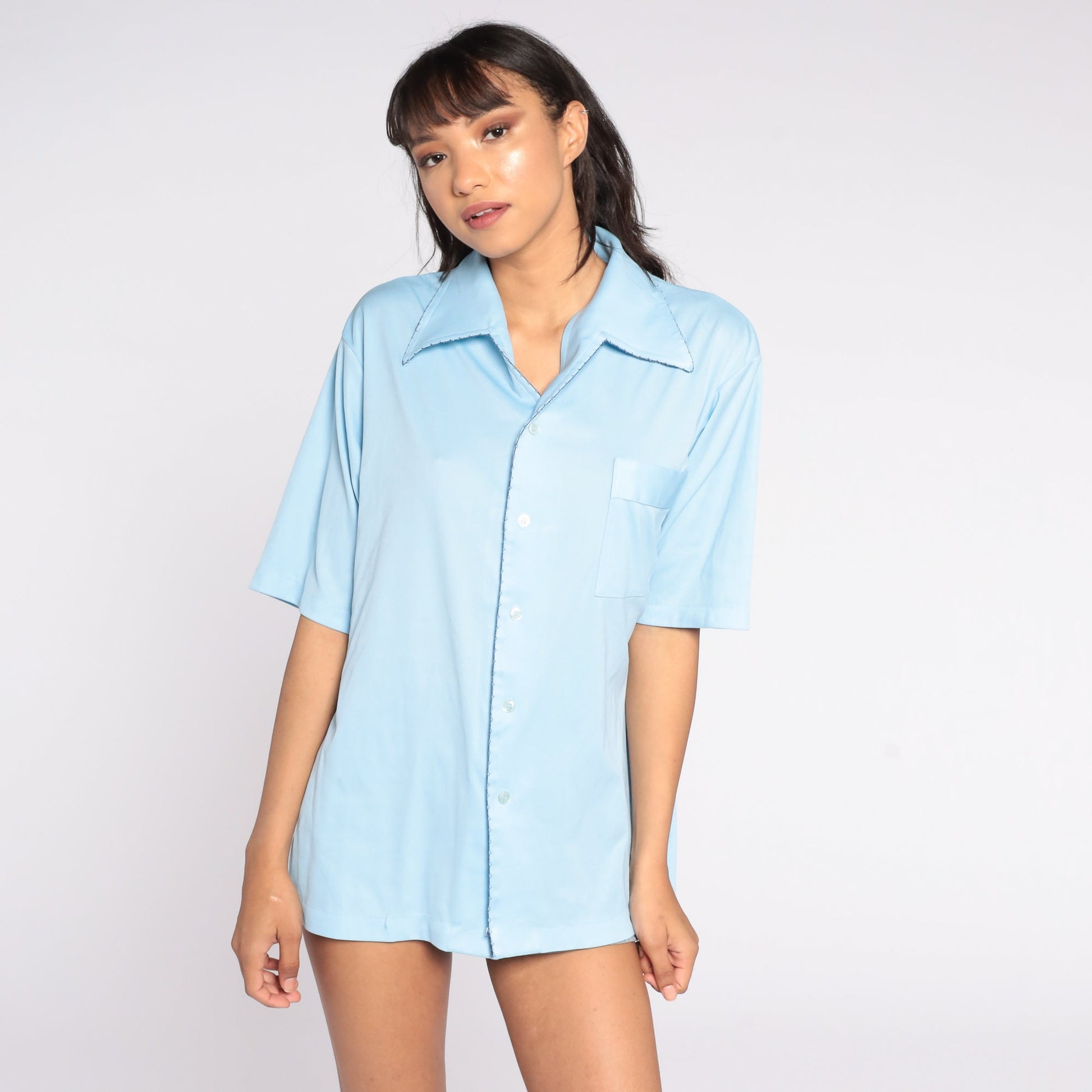 70s Baby Blue Button-Up Shirt Pointed Collar Short Sleeve Men's Large