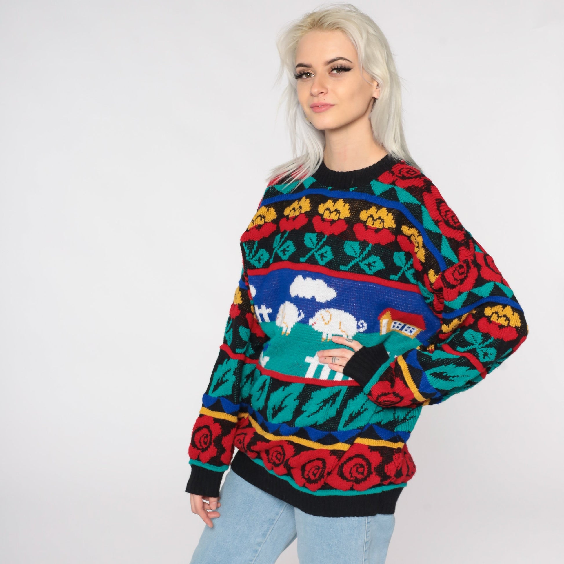 80s Pig Print Sweater Novelty Farm Animal Knit Pullover Rose Large L