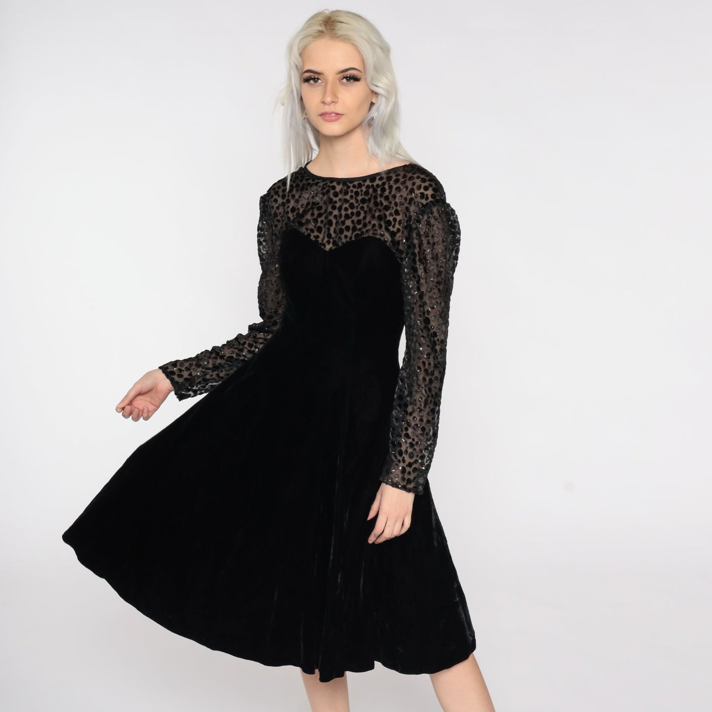 80s Black Velvet Party Dress Illusion Neckline Midi Long Sleeve Small 4