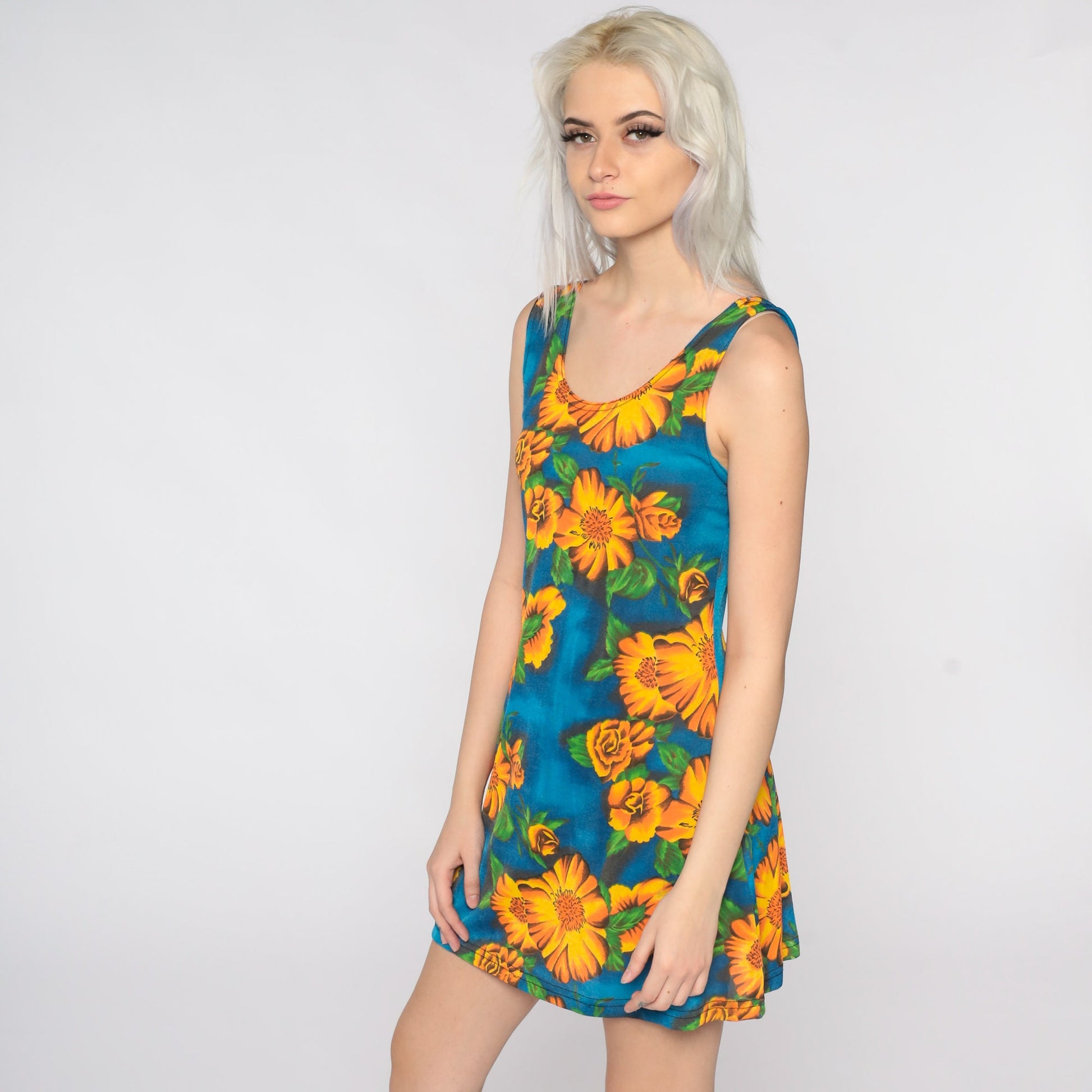 90s Floral Bodycon Mini Dress Blue Yellow Sleeveless Small Medium