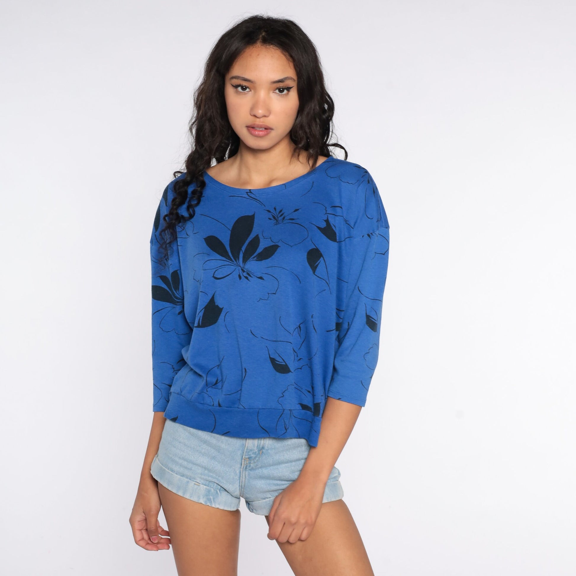 80s Floral Dolman Sleeve Blouse Blue 3/4 Shirt Large
