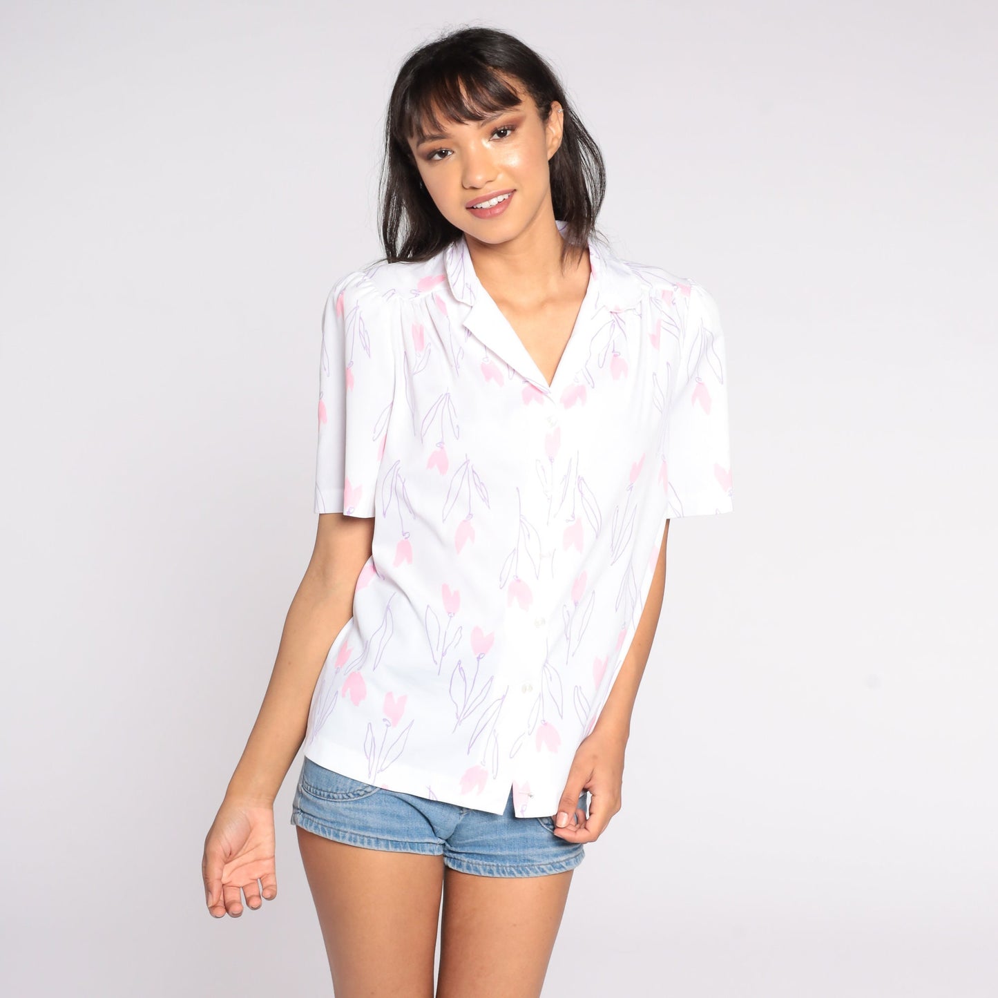 80s Floral Puff Sleeve Button-Up Blouse White Pink Extra Large