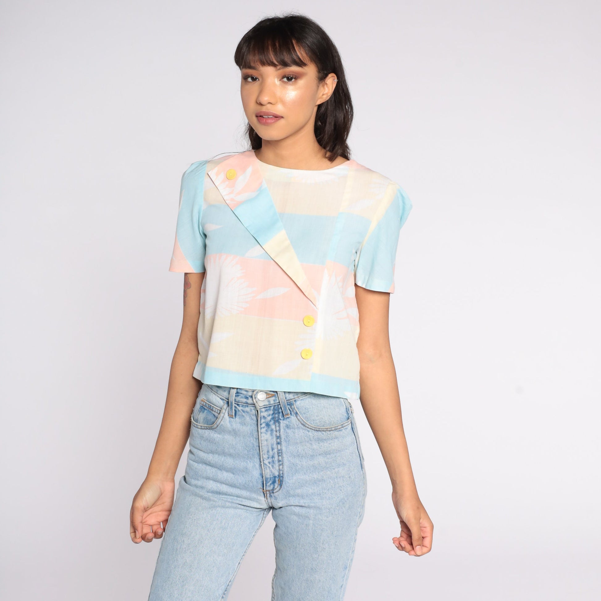80s Pastel Floral Crop Top Puff Sleeve Blouse Yellow Peach Small
