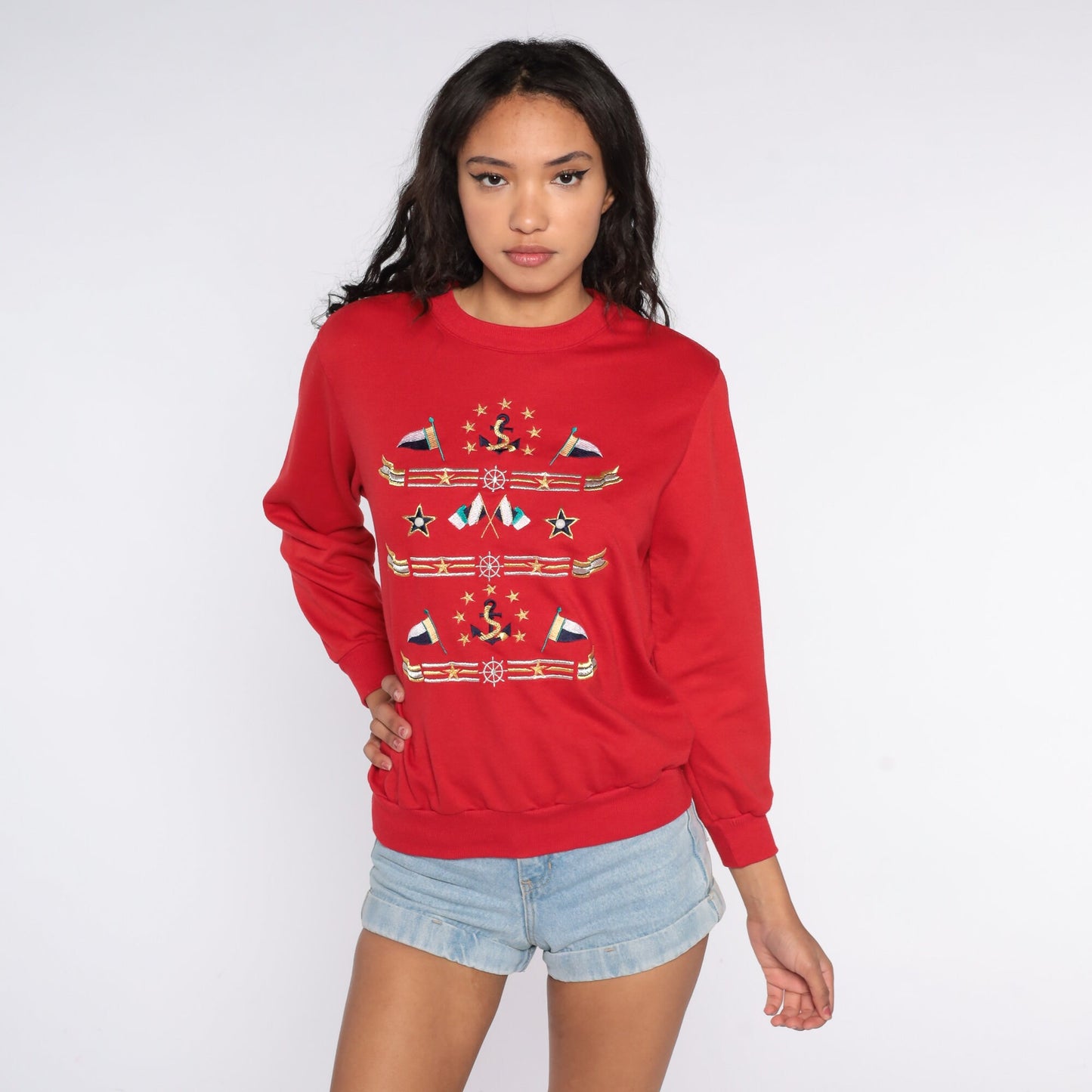 80s Sailor Anchor Nautical Flag Sweatshirt Red Graphic Crewneck Small