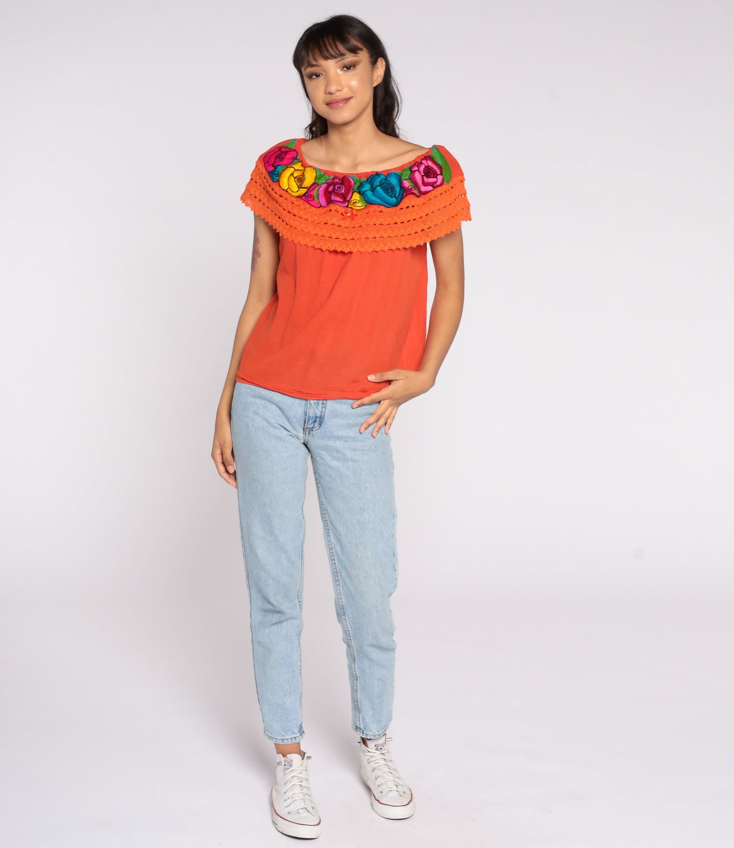 90s Mexican Embroidered Cotton Tunic Blouse Orange Floral Off-Shoulder Small